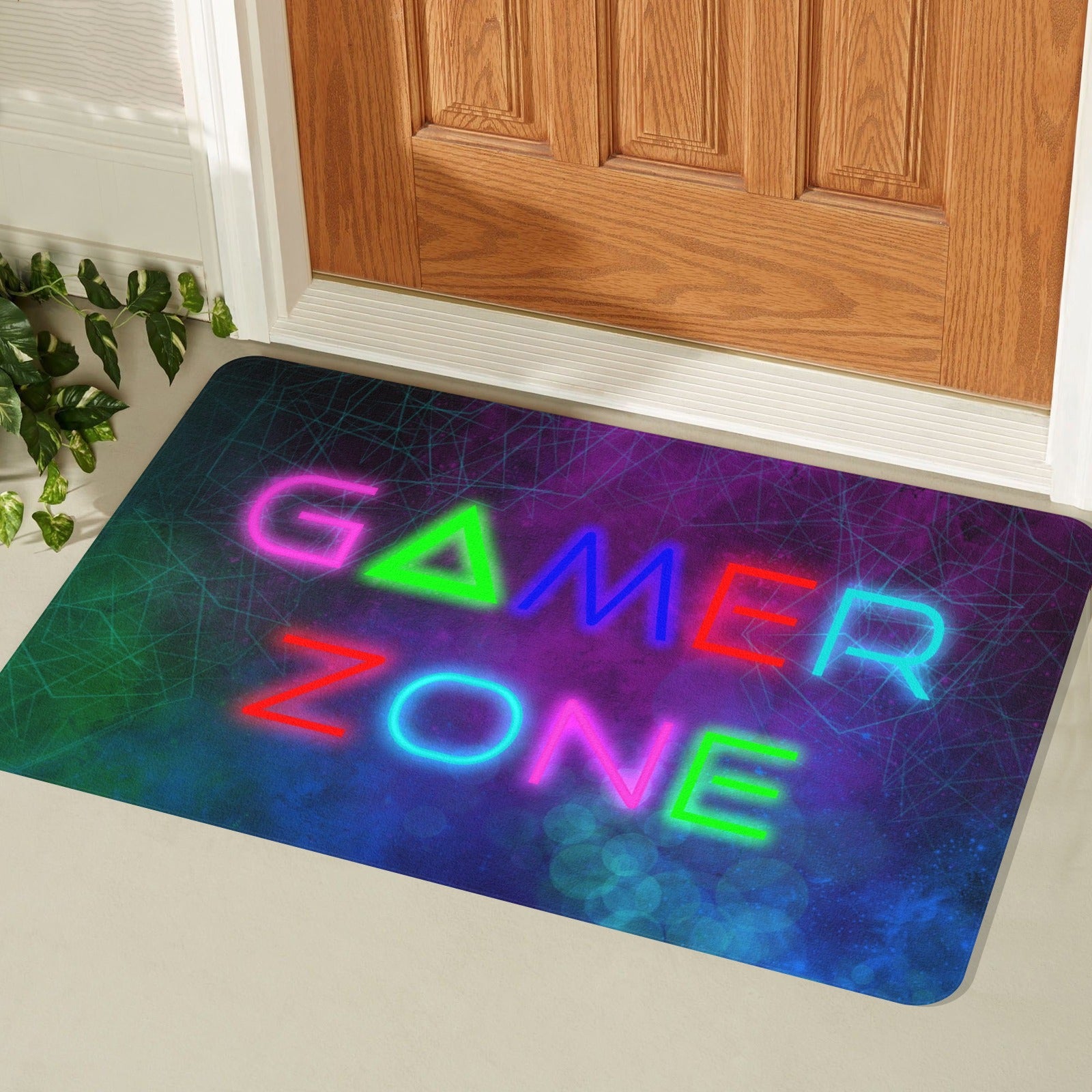 Game On Entrance Doormat with GAMER ZONE neon sign, indoor or outdoor use, rubber floor mat