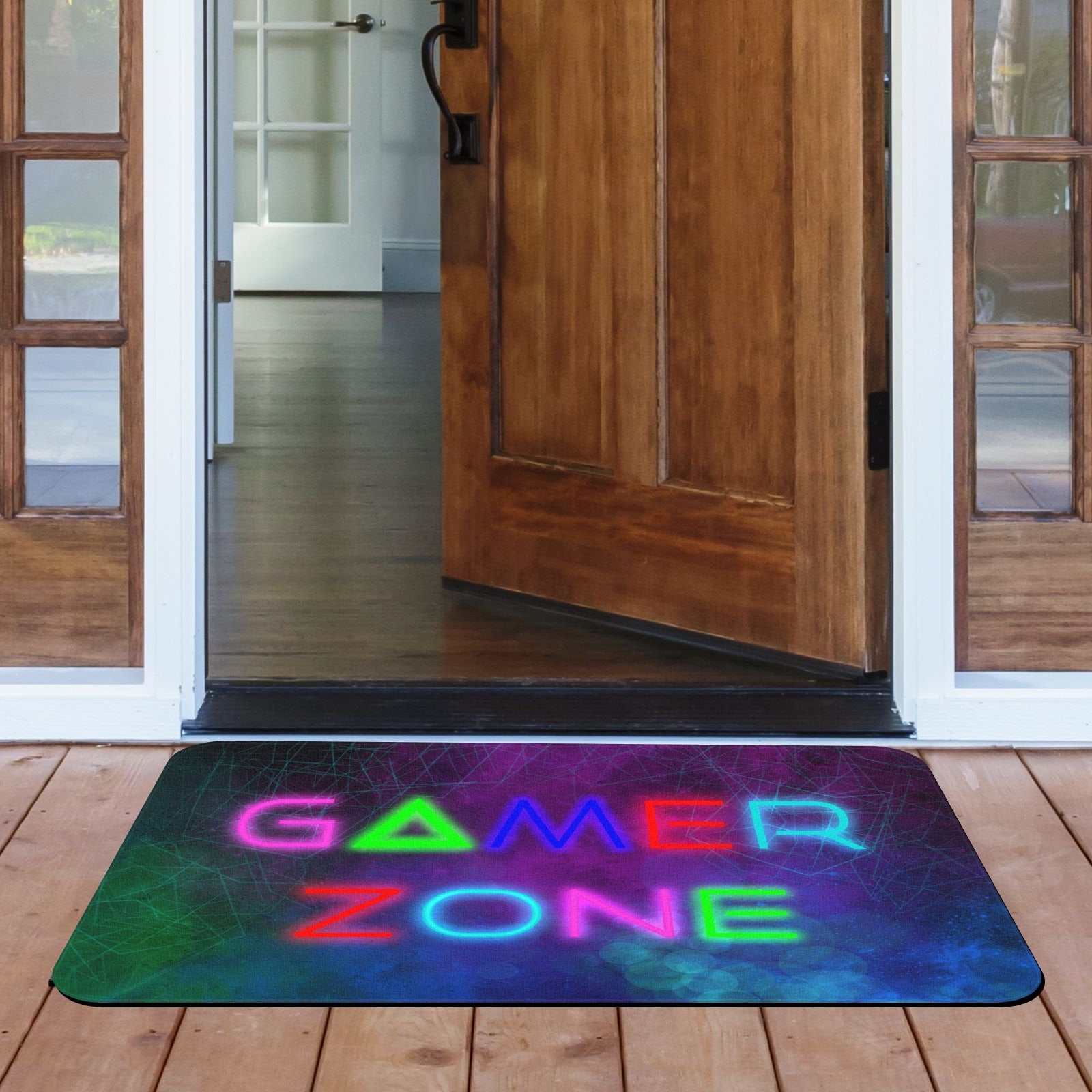 Gamer Zone doormat, colorful neon sign on a rubber mat, game room entrance