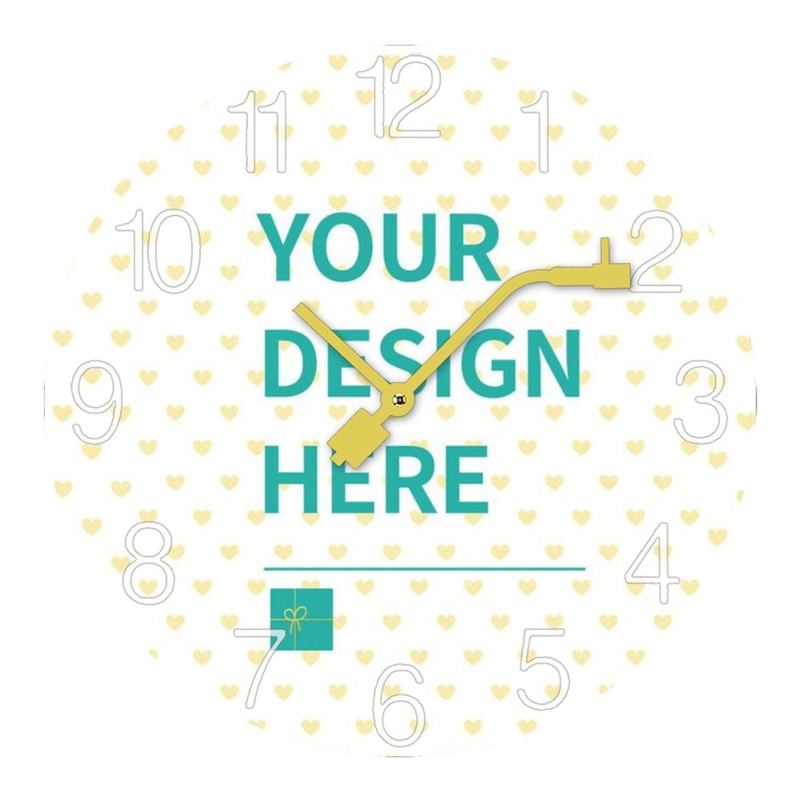 Customizable wall clock with heart pattern, perfect for home decor. Features 'YOUR DESIGN HERE' and round shape.