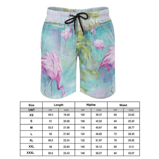 Flamingo swim trunks for men with mesh lining and drawstring waist. Quick-dry beach shorts.
