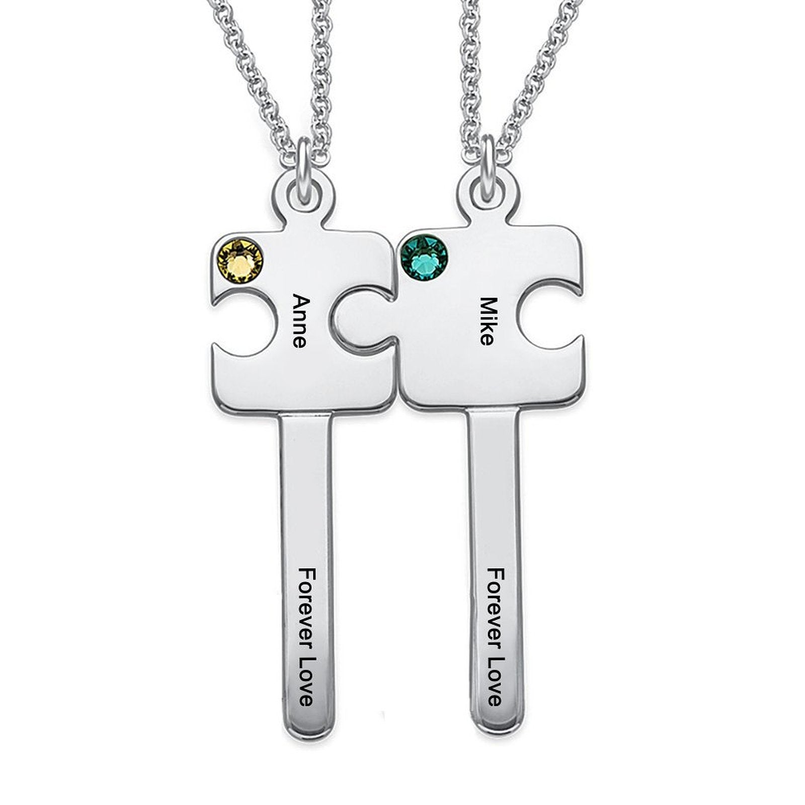 Personalized Couple Puzzle Necklace with Engraved Names and Forever Love, Silver pendant couple gift.