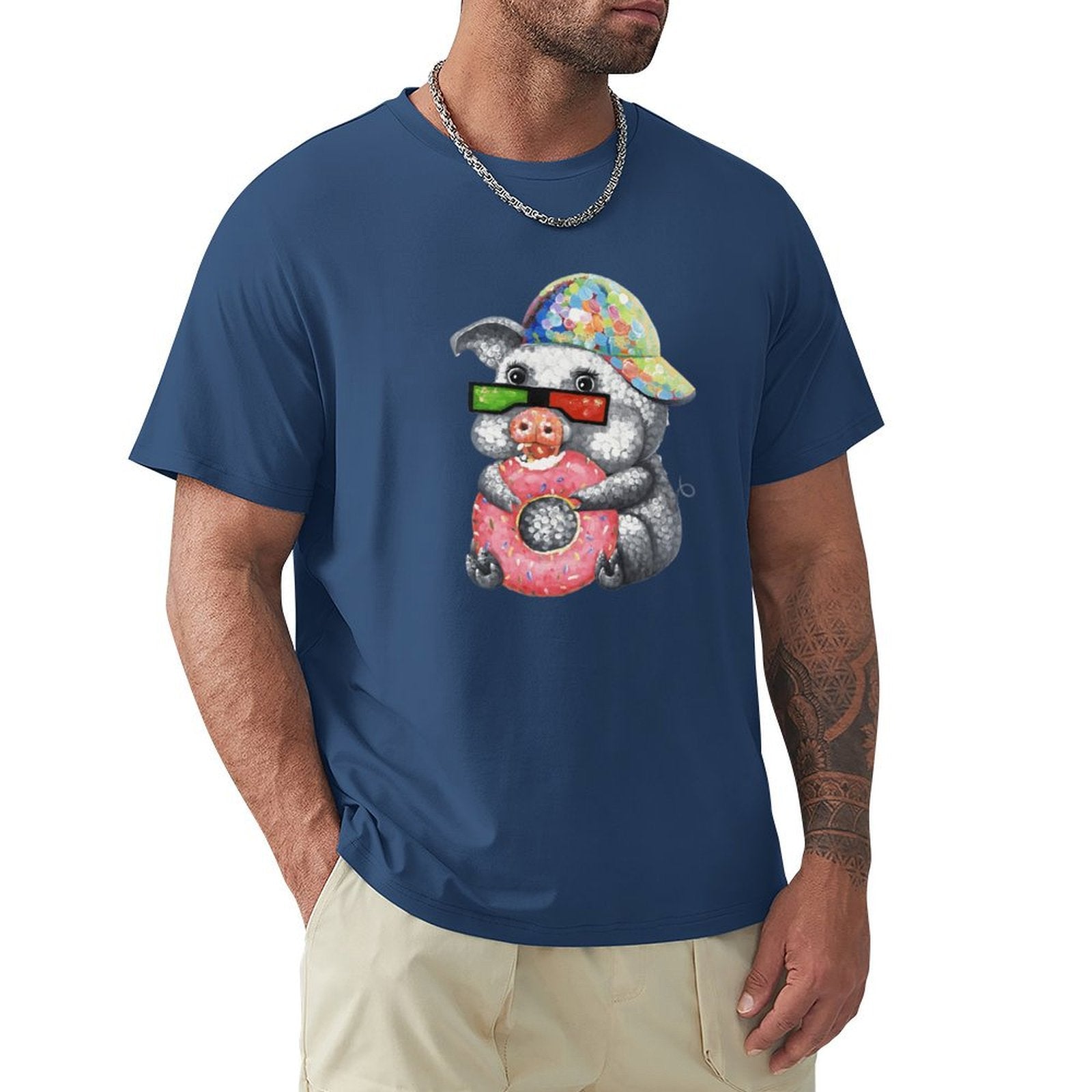 Men's blue crew neck t-shirt with pig graphic holding donut; MyArtsyGift casual tee