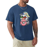 Men's blue crew neck t-shirt with pig graphic holding donut; MyArtsyGift casual tee
