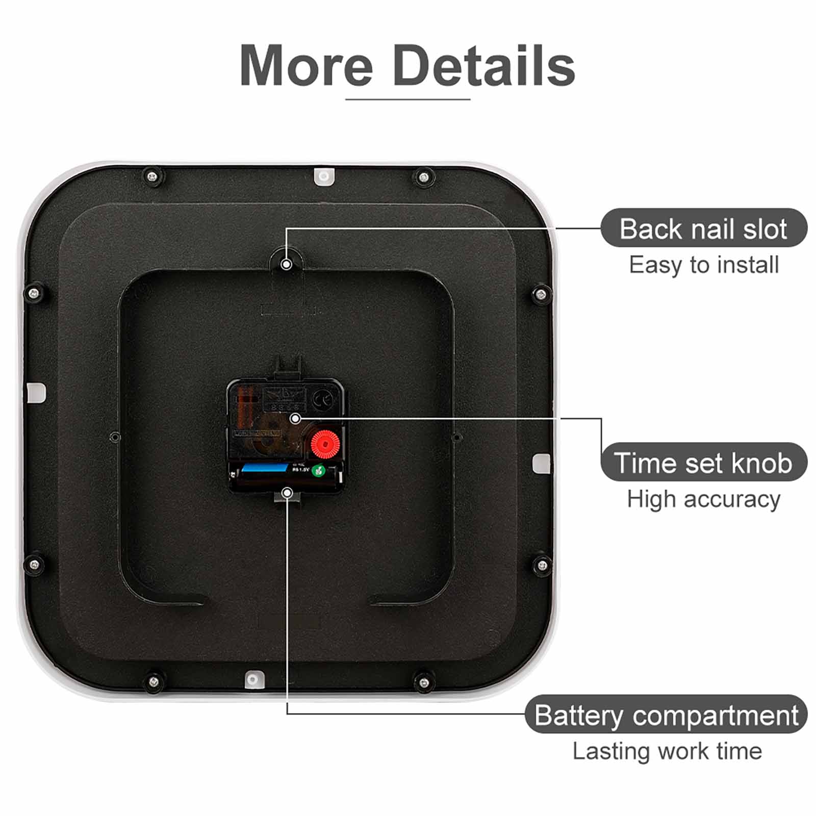 Back of a square wall clock showing details like back nail slot, time set knob and battery compartment.