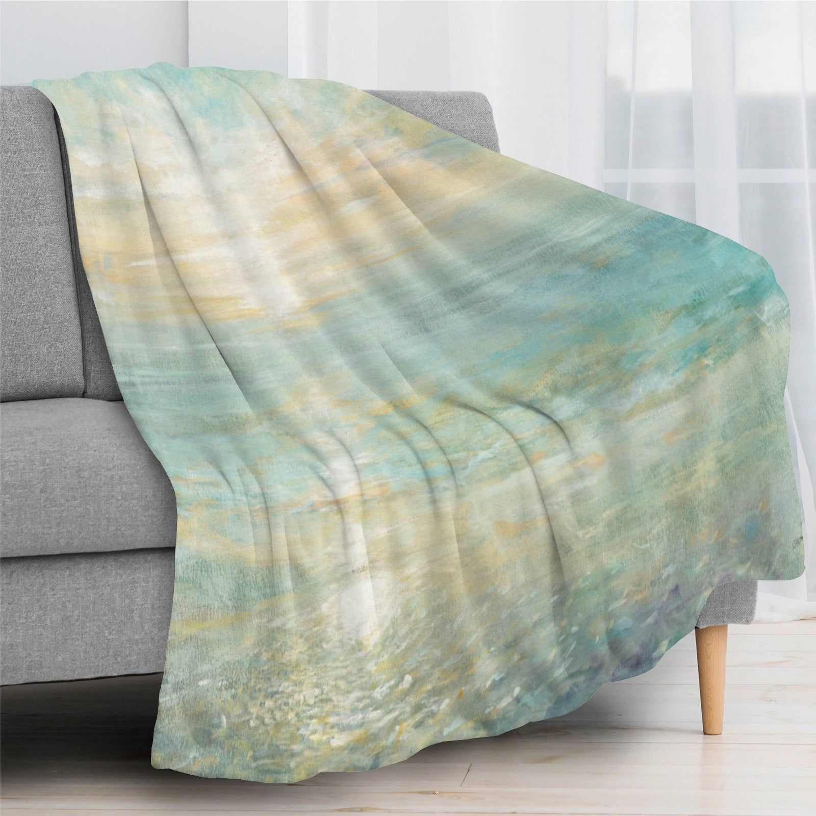 Beach sunrise flannel blanket, soft polyester, artistic beach scene, perfect for a cozy evening, made in USA