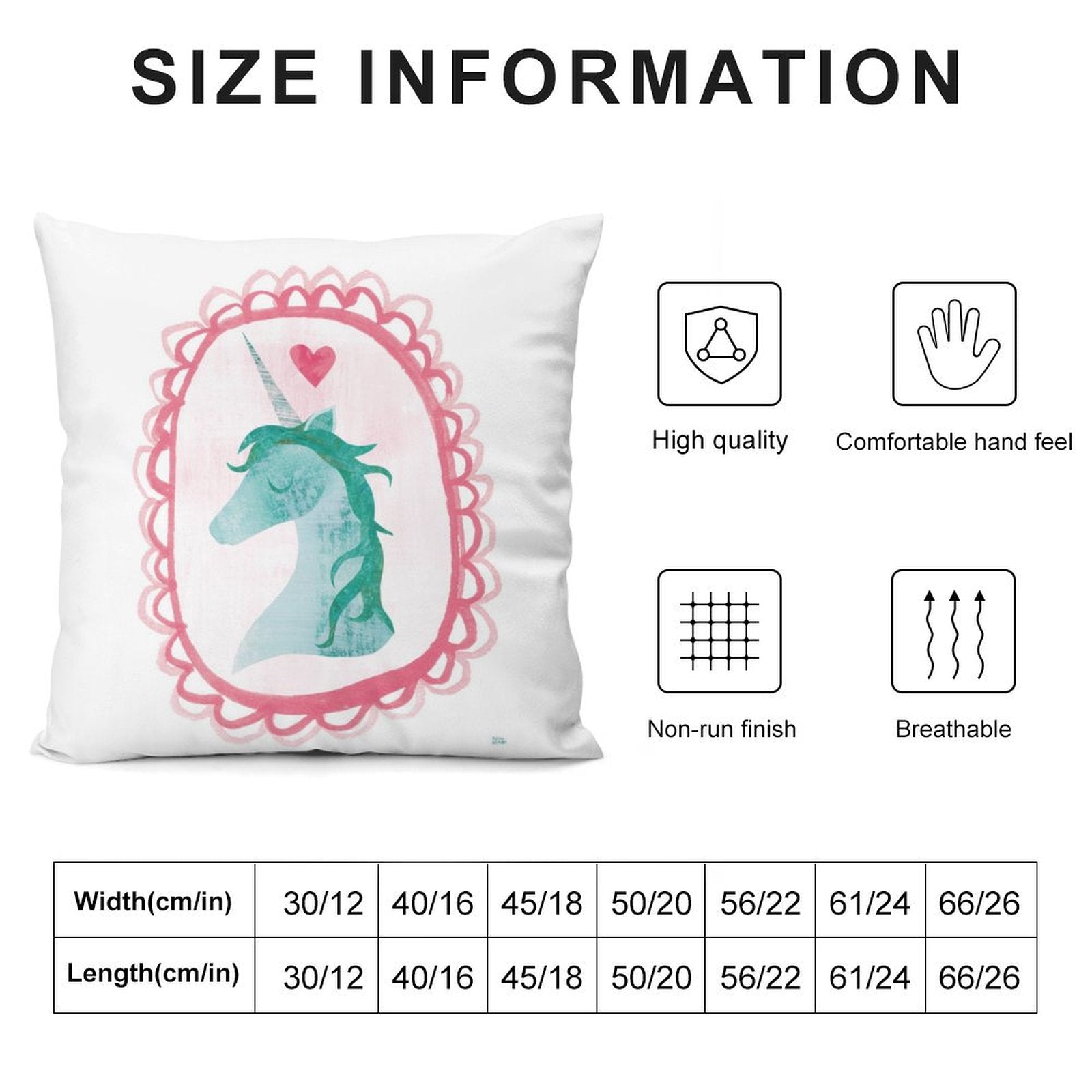 Soft plush pillow cover with unicorn design, available in multiple sizes; breathable, high-quality material.