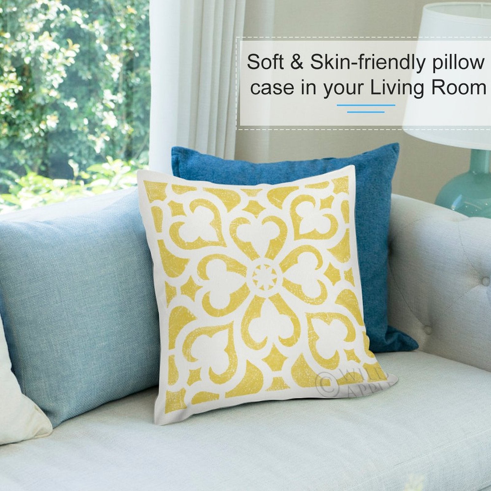 Yellow floral plush pillow cover on sofa, soft and skin-friendly for living room, MyArtsyGift design.