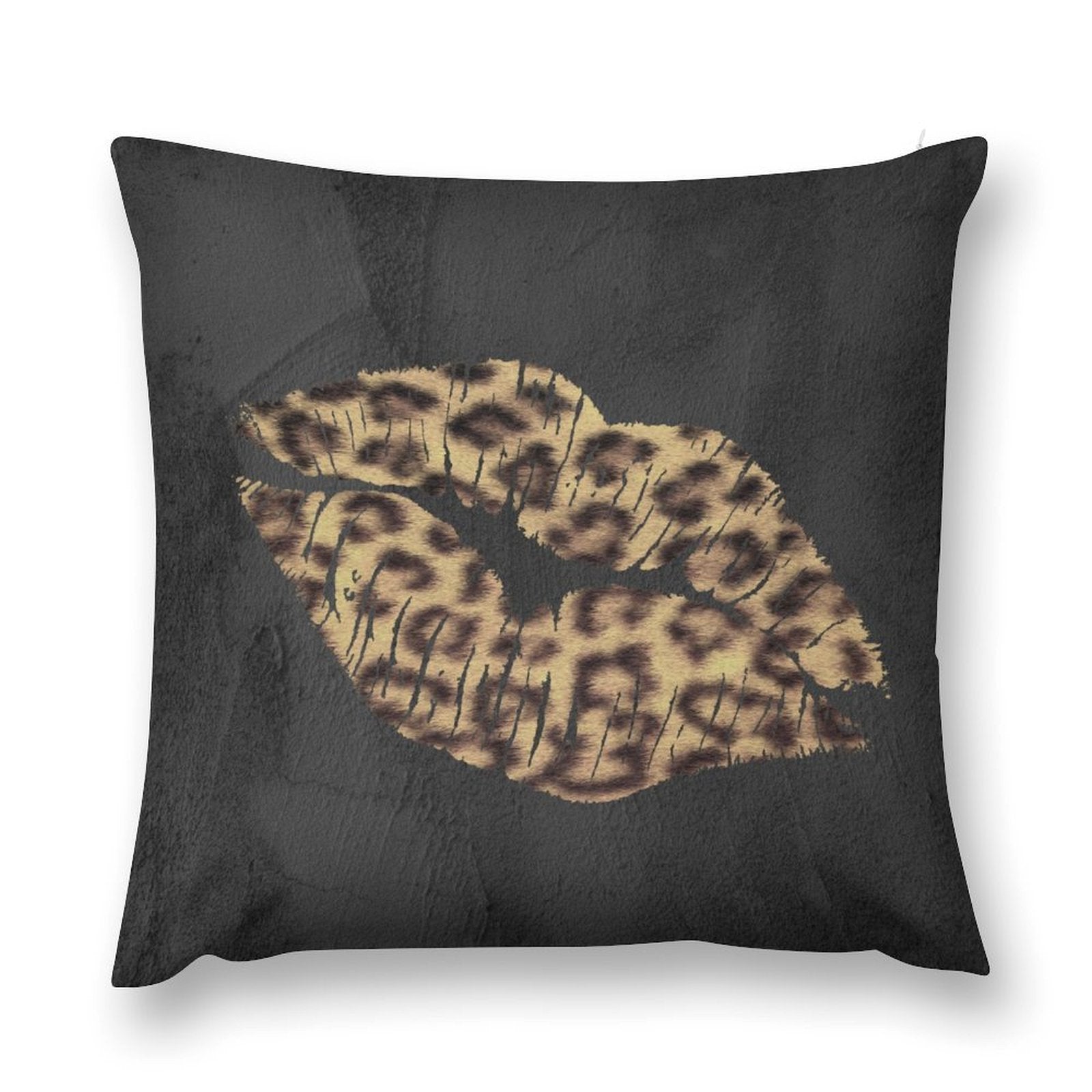 Leopard print lips pillow cover on black background. Soft plush material, home decor.