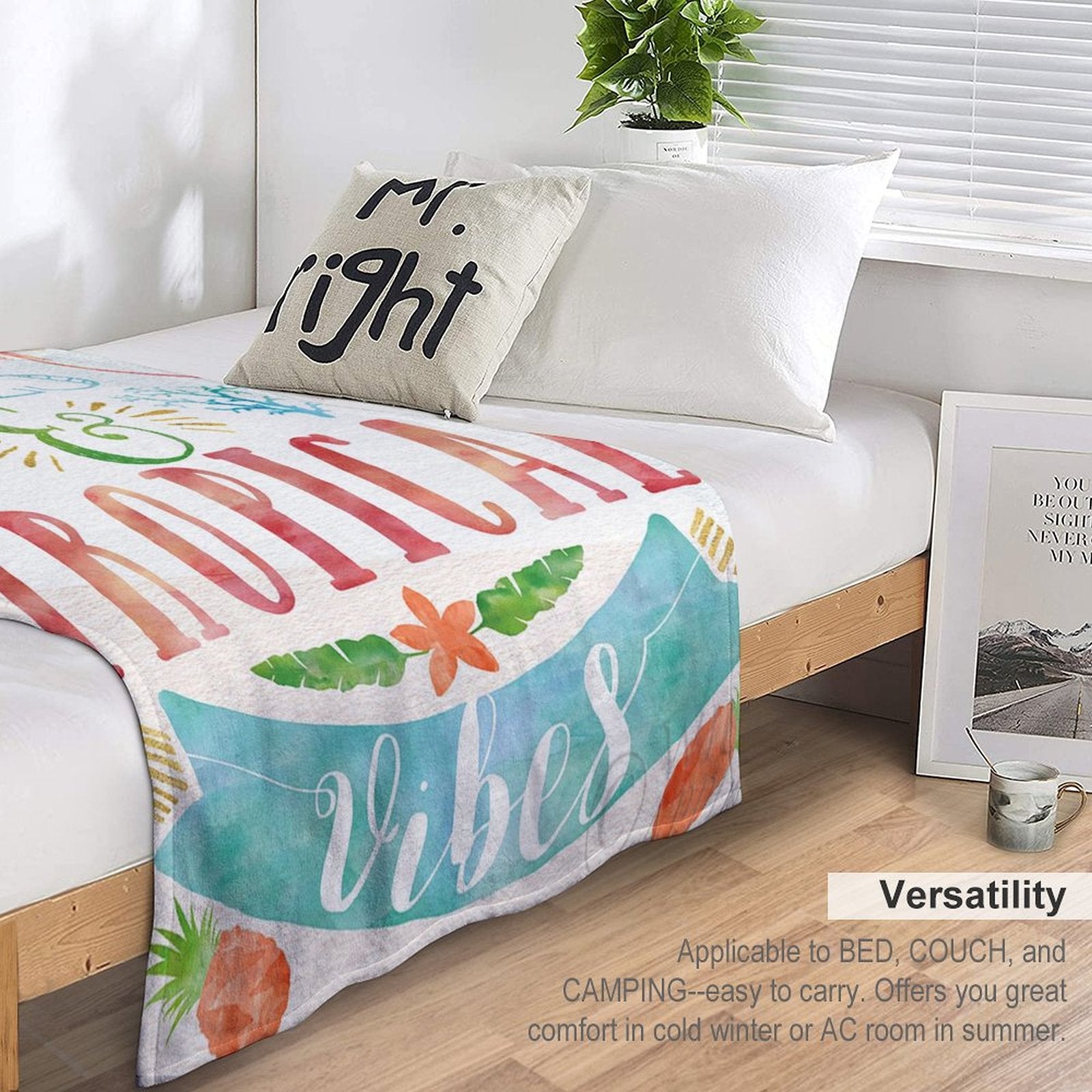 Fleece blanket with 'Good Vibes' design, perfect for bed or travel. Soft, cozy and warm, ideal for MyArtsyGift.