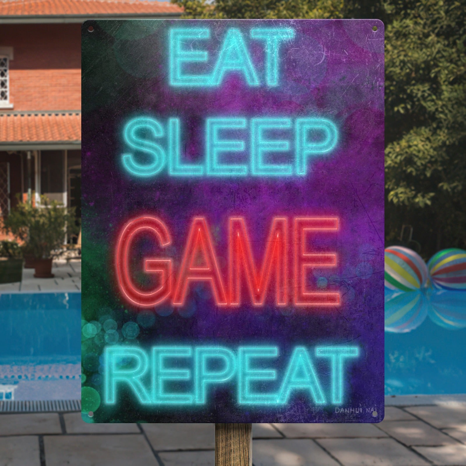 Metal wall decor with 'Eat Sleep Game Repeat' neon design, for home office or game room.