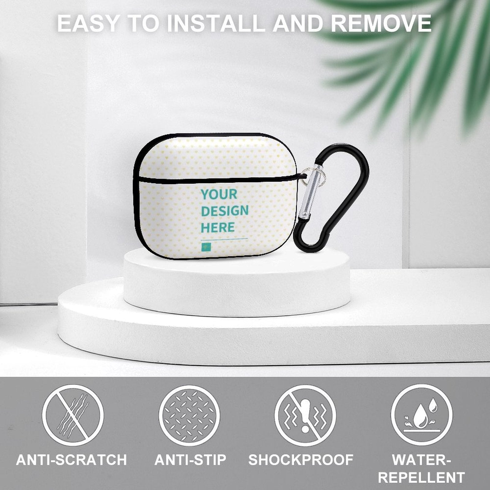 Personalized AirPods Pro case with custom heart design, black carabiner. Durable, water-resistant PC hard shell.