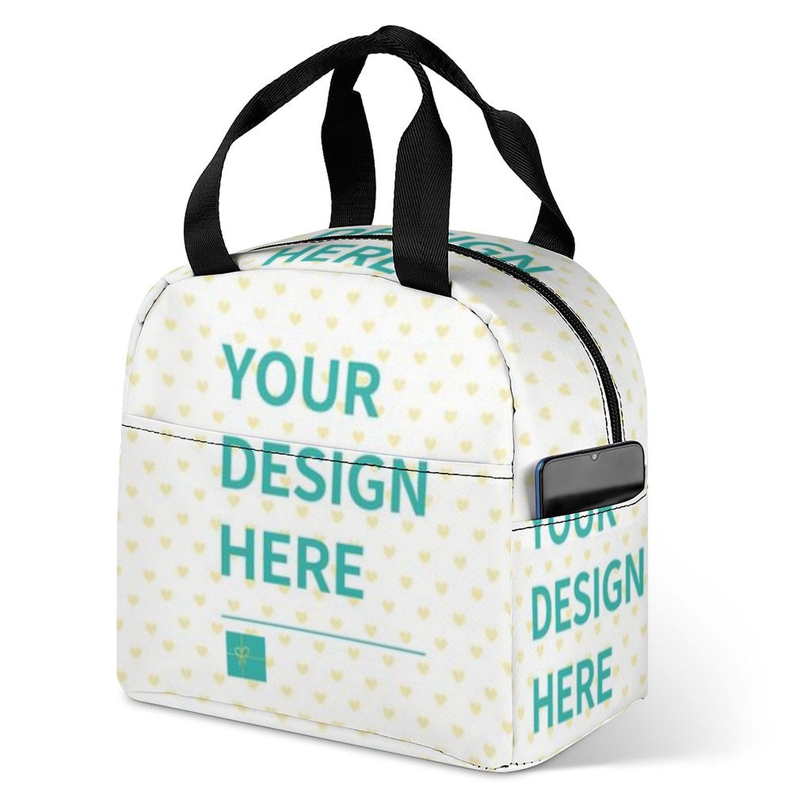 Customizable lunch bag with 'YOUR DESIGN HERE', made of durable polyester, reusable lunch box
