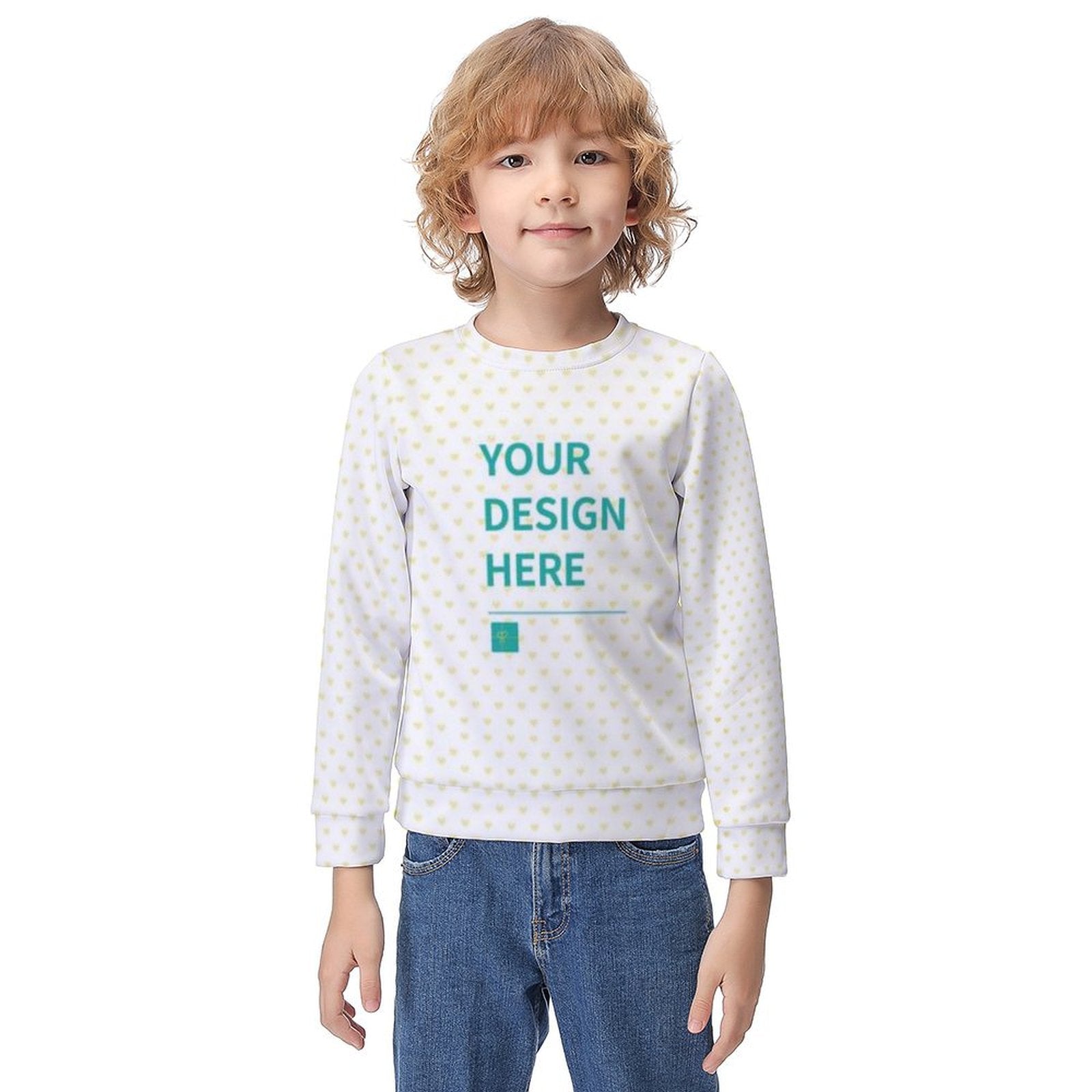 Custom youth hoodie with heart pattern. Features "YOUR DESIGN HERE" text for personalized design on a boy.