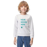 Custom youth hoodie with heart pattern. Features "YOUR DESIGN HERE" text for personalized design on a boy.