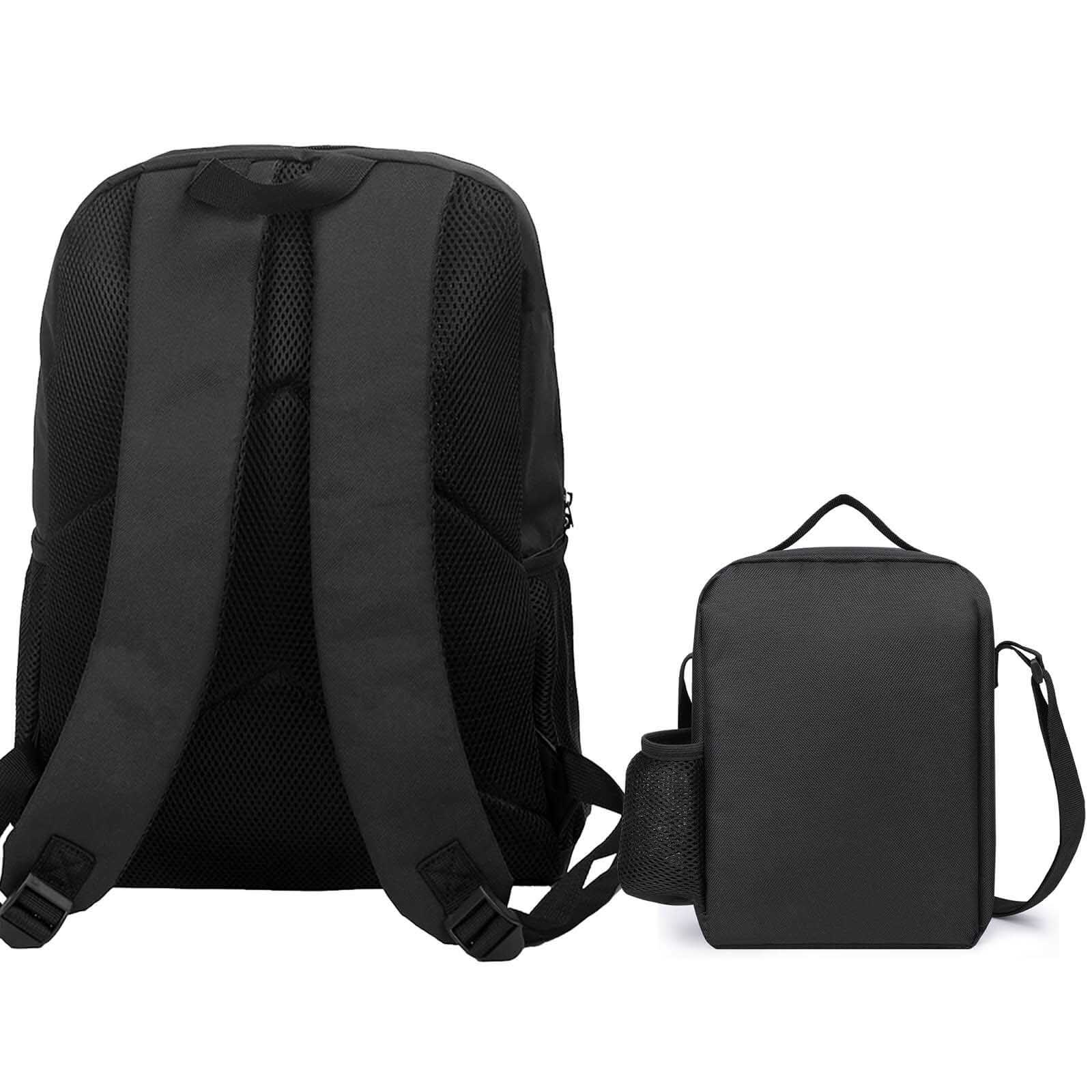 Black school backpack set with lunch bag. Durable polyester material, ideal for school, travel and work.
