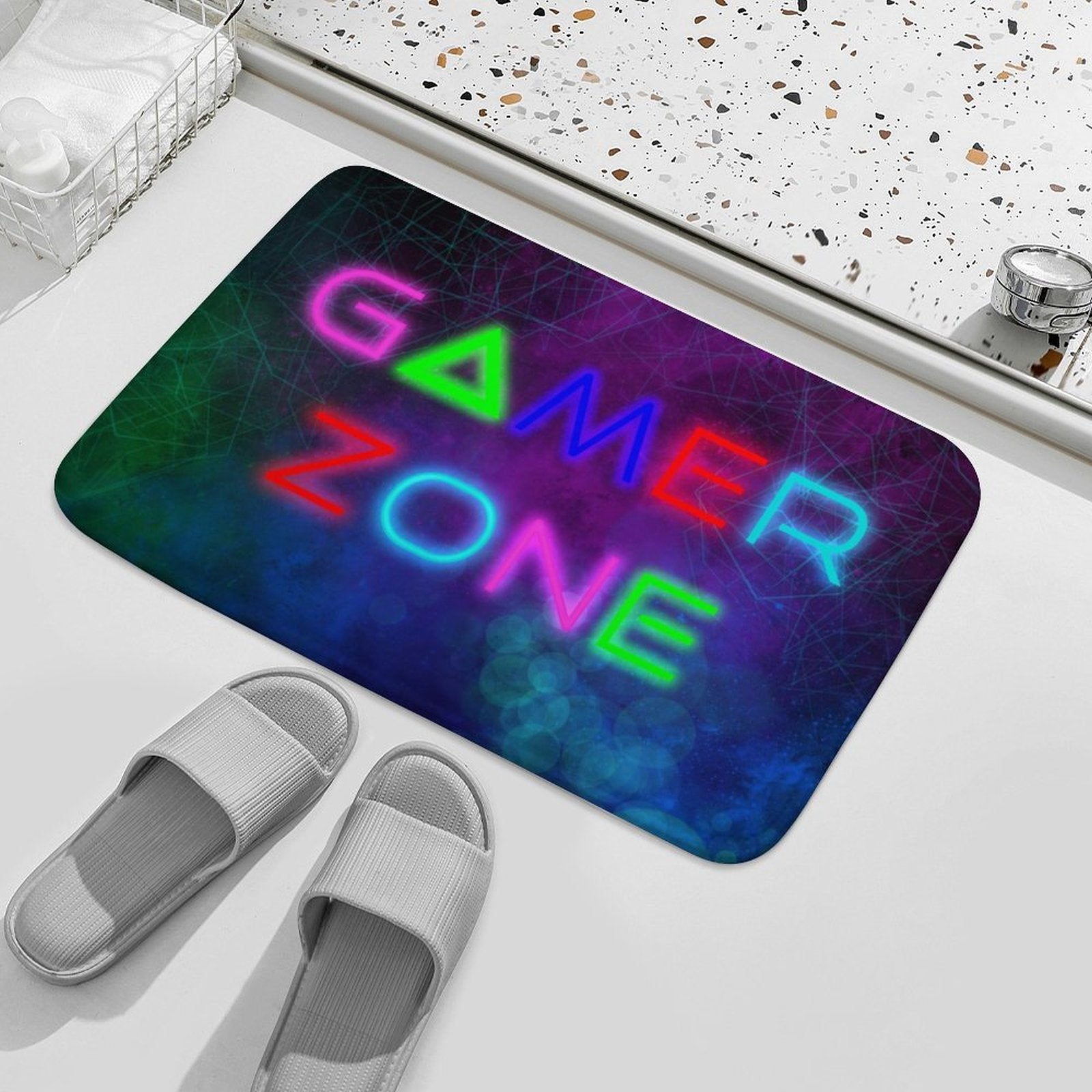 Gamer Zone coral velvet bath rug with neon lights and non-slip design for bathroom