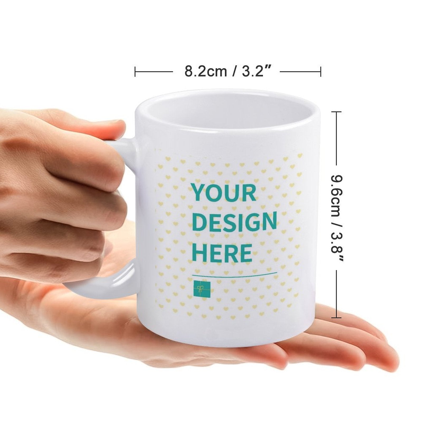 Custom white ceramic mug with "YOUR DESIGN HERE" text, perfect personalized gift.