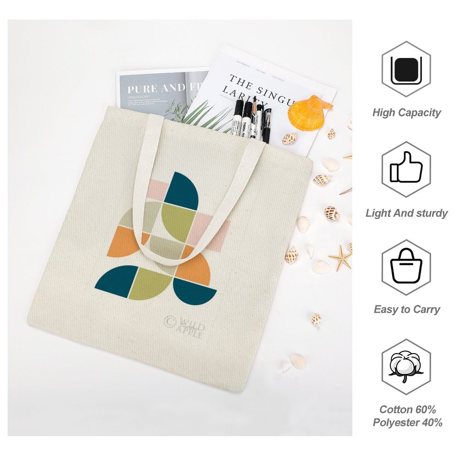 Canvas tote bag featuring Mid Century Geo II design, cotton blend, Wild Apple logo, high capacity for shopping.
