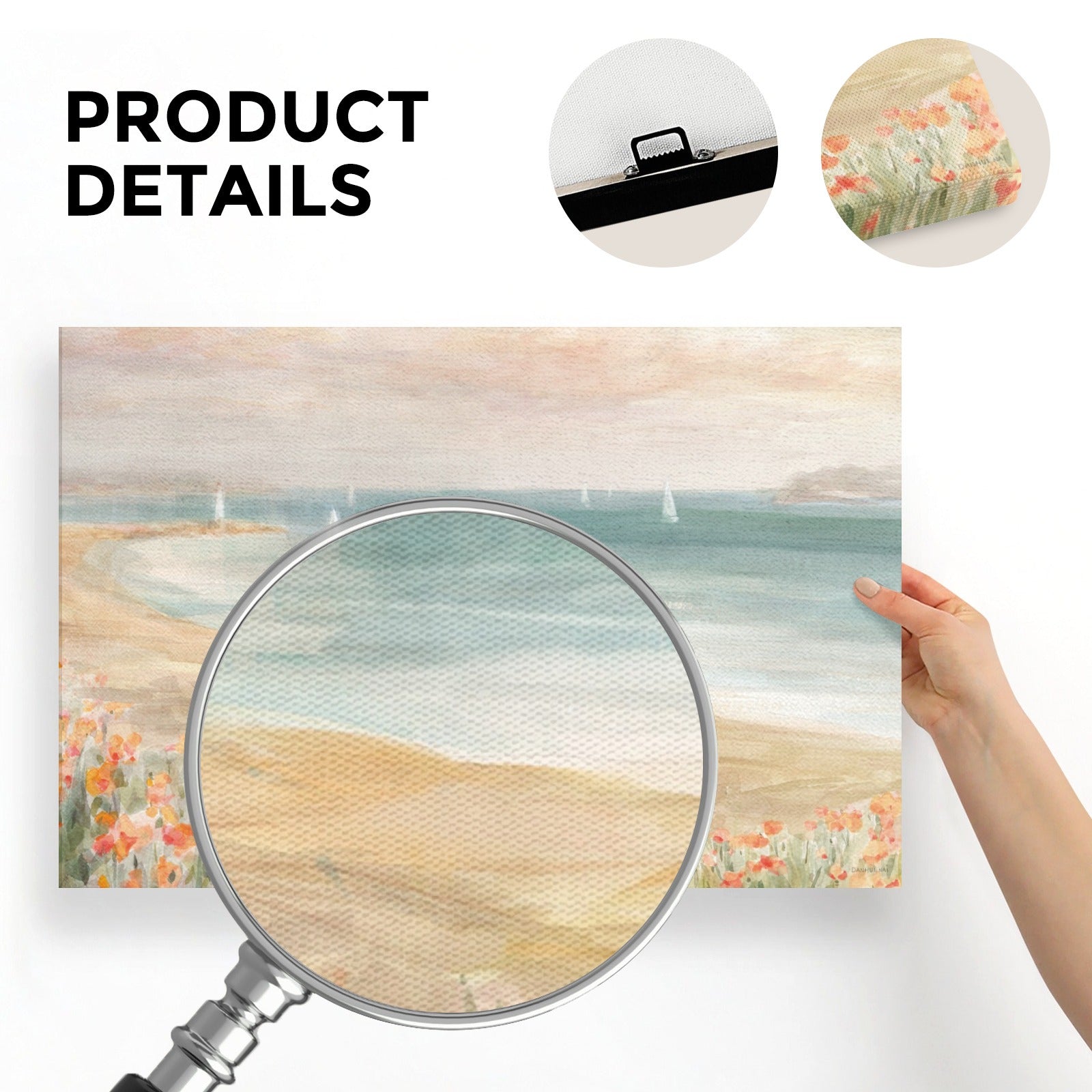 Around the Point III beach canvas print showing Product Details. Made in USA, flowers and sailboats art.