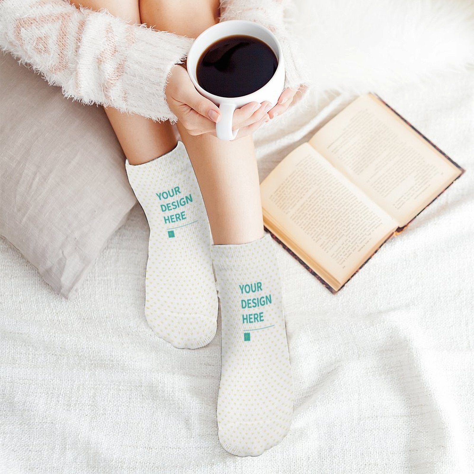 Custom short socks with "YOUR DESIGN HERE" design, perfect personalized gift, coffee and book on bed, polyester material