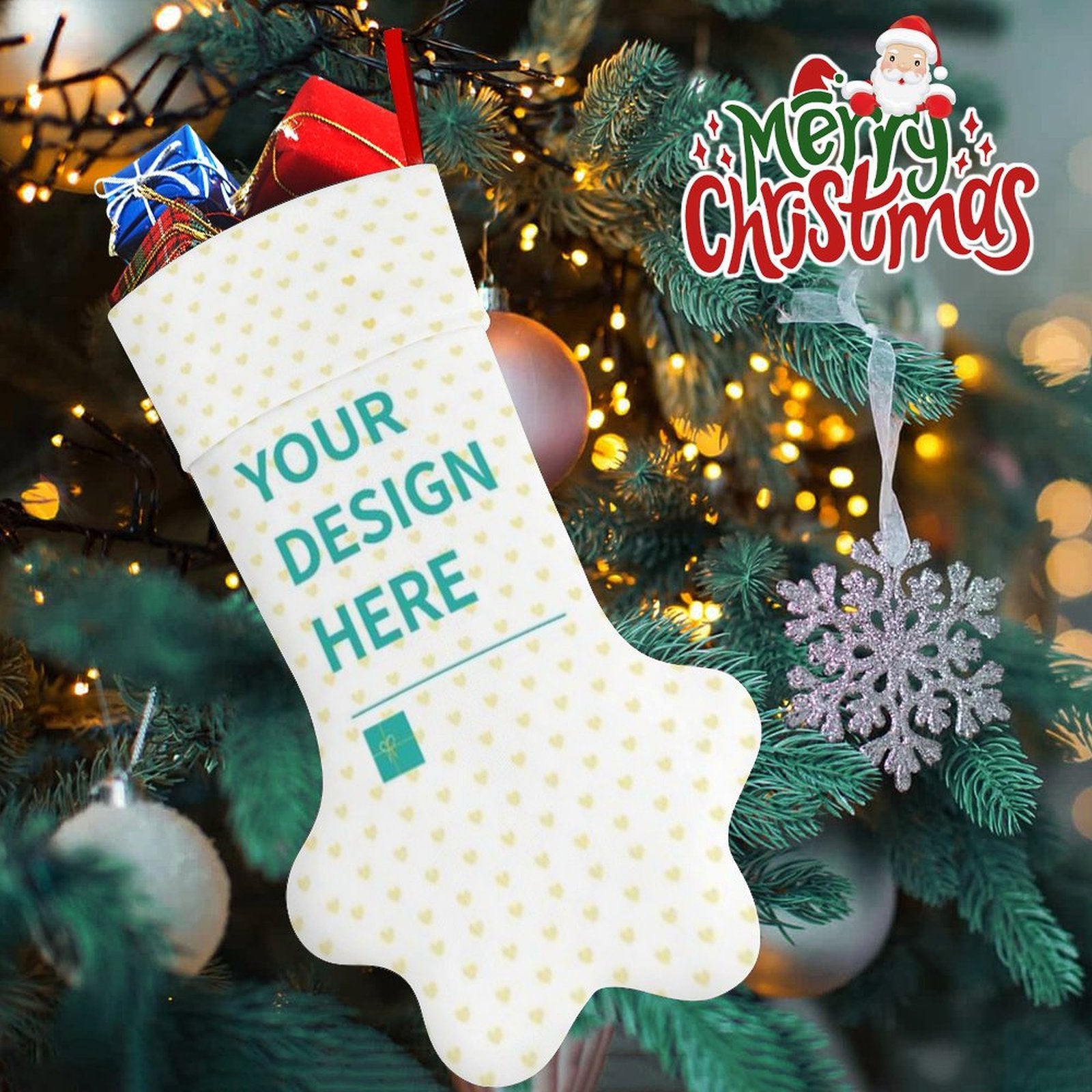 Personalized Christmas stocking with dog paw shape and 'YOUR DESIGN HERE' message on a Christmas tree