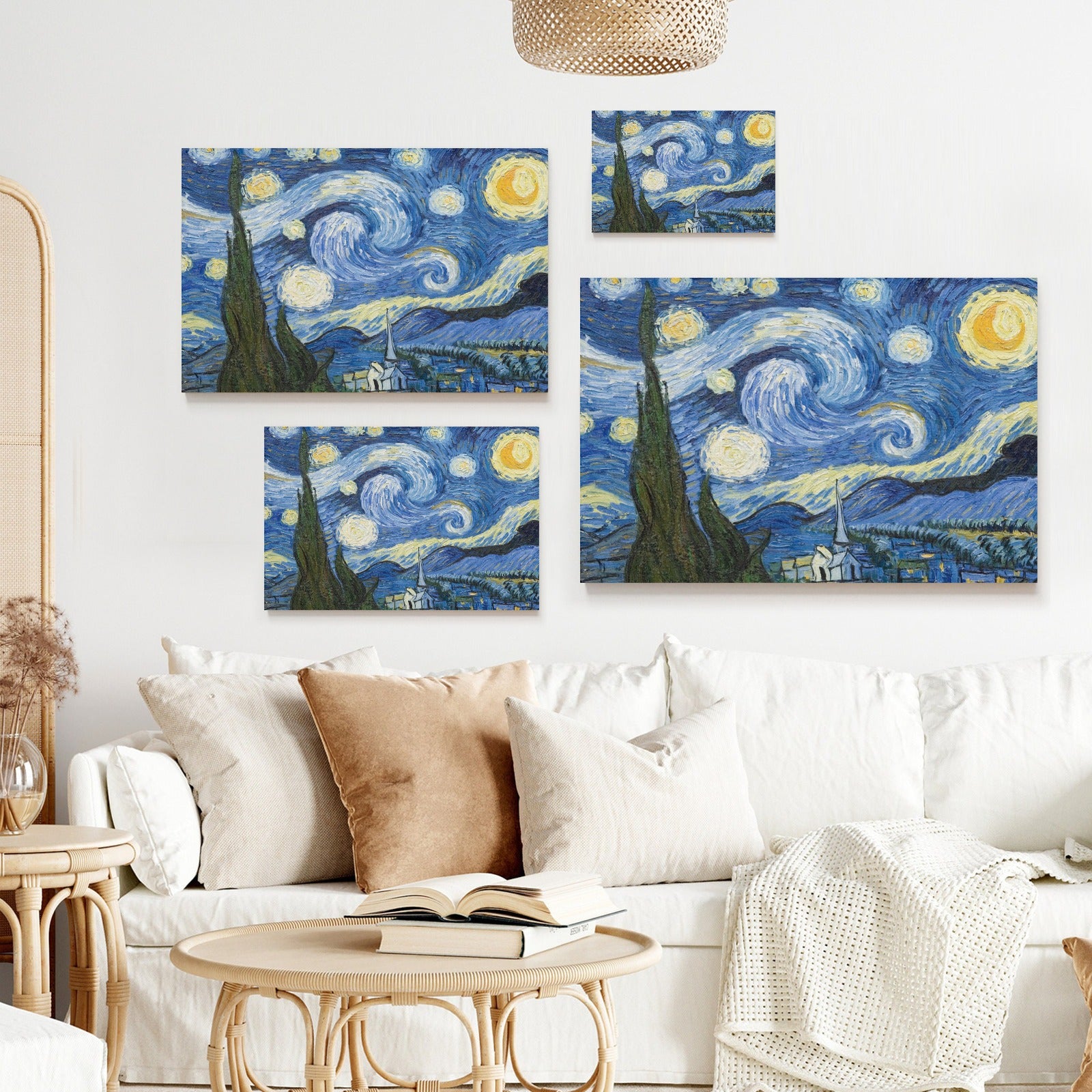 Starry Night canvas prints by Van Gogh on white wall, blue and yellow starry sky, US made wall art for home decor.
