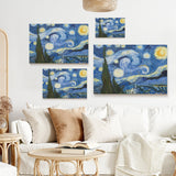 Starry Night canvas prints by Van Gogh on white wall, blue and yellow starry sky, US made wall art for home decor.