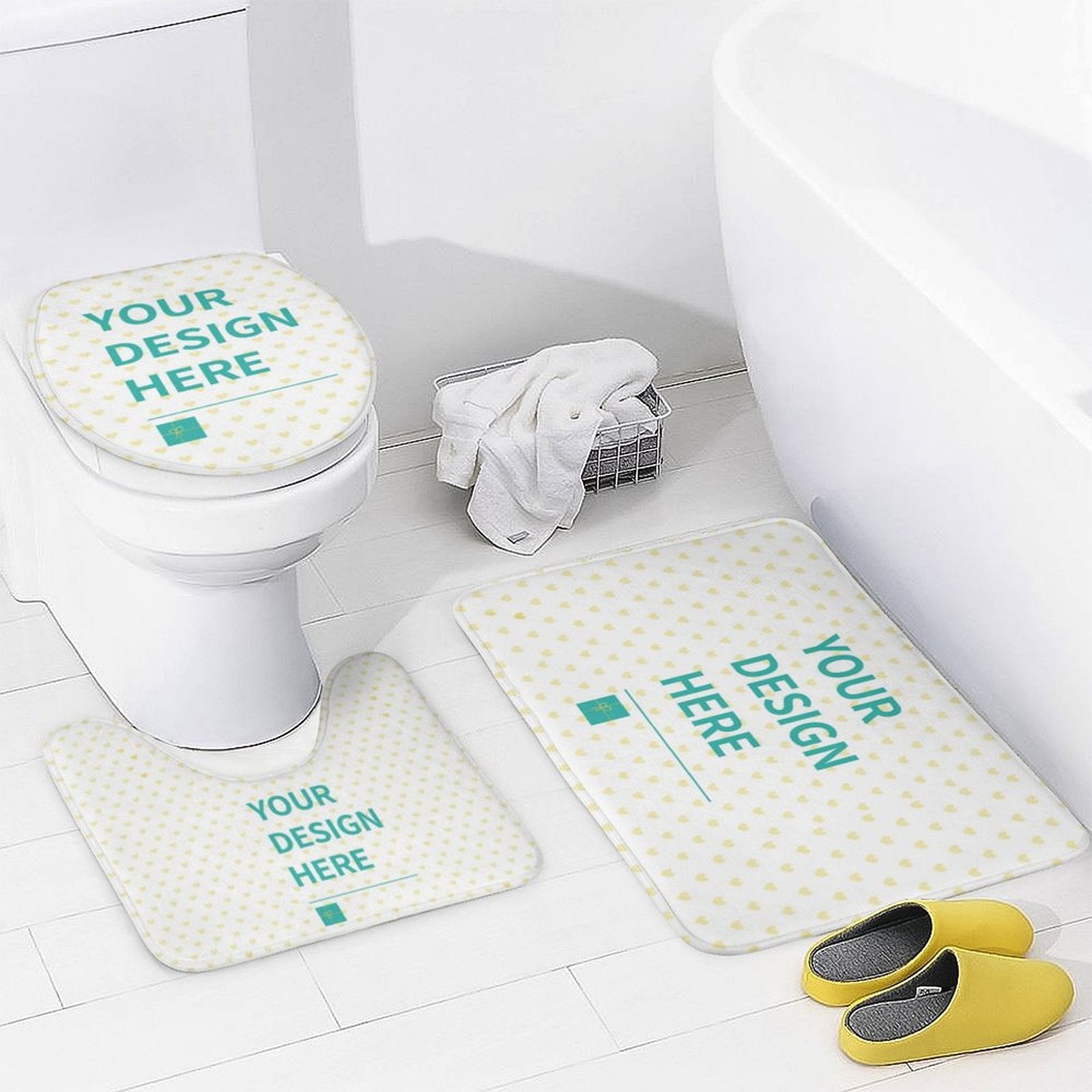 Customizable bathroom set with 'YOUR DESIGN HERE' design. Coral fleece mats, personalized bathroom decor.