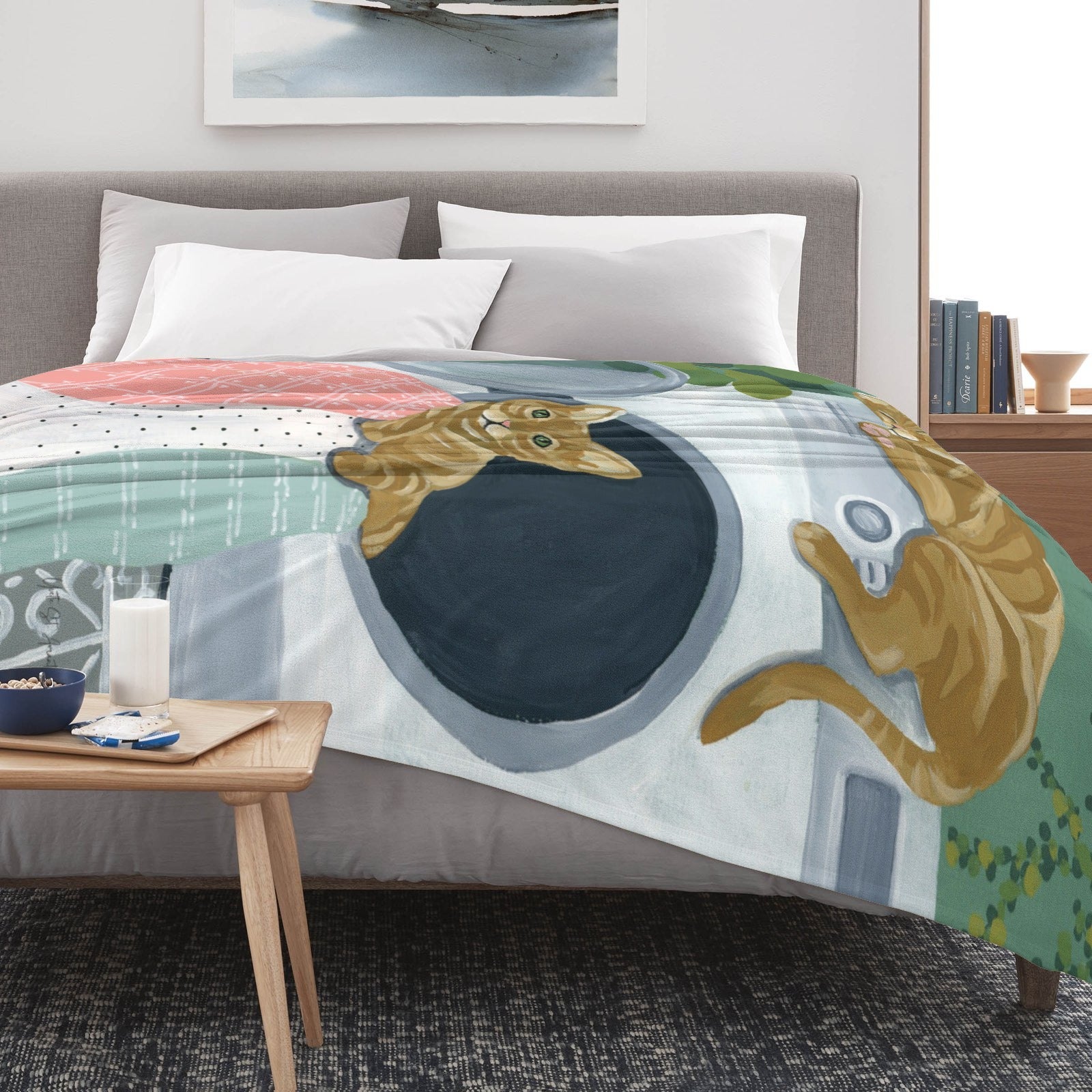 Laundry Cats Flannel Blanket, cat design on sofa or bed, USA made, soft polyester, with playful tabby