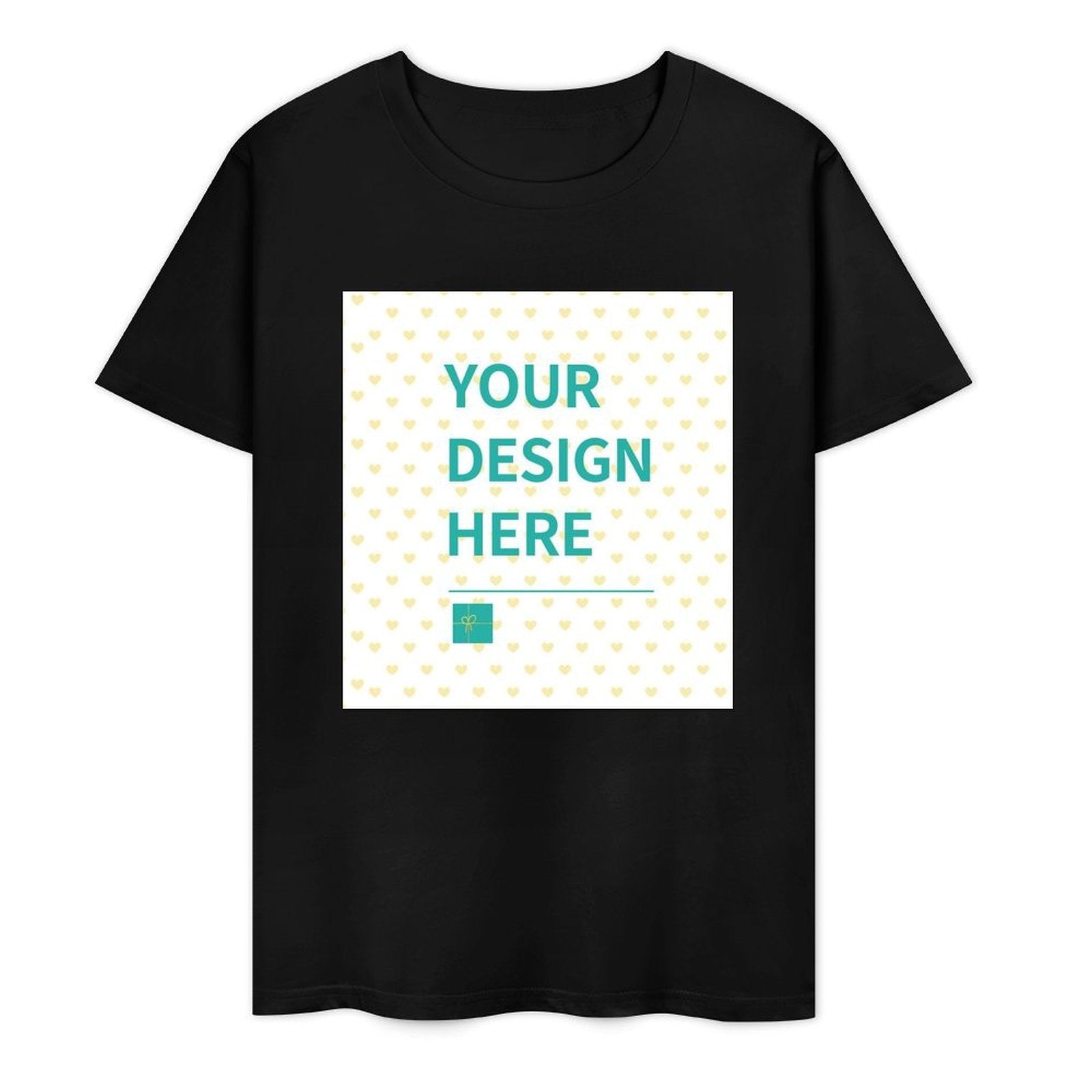 Customizable black cotton t-shirt with "YOUR DESIGN HERE" text, perfect for personalized gifts, suitable for all.