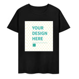 Customizable black cotton t-shirt with "YOUR DESIGN HERE" text, perfect for personalized gifts, suitable for all.