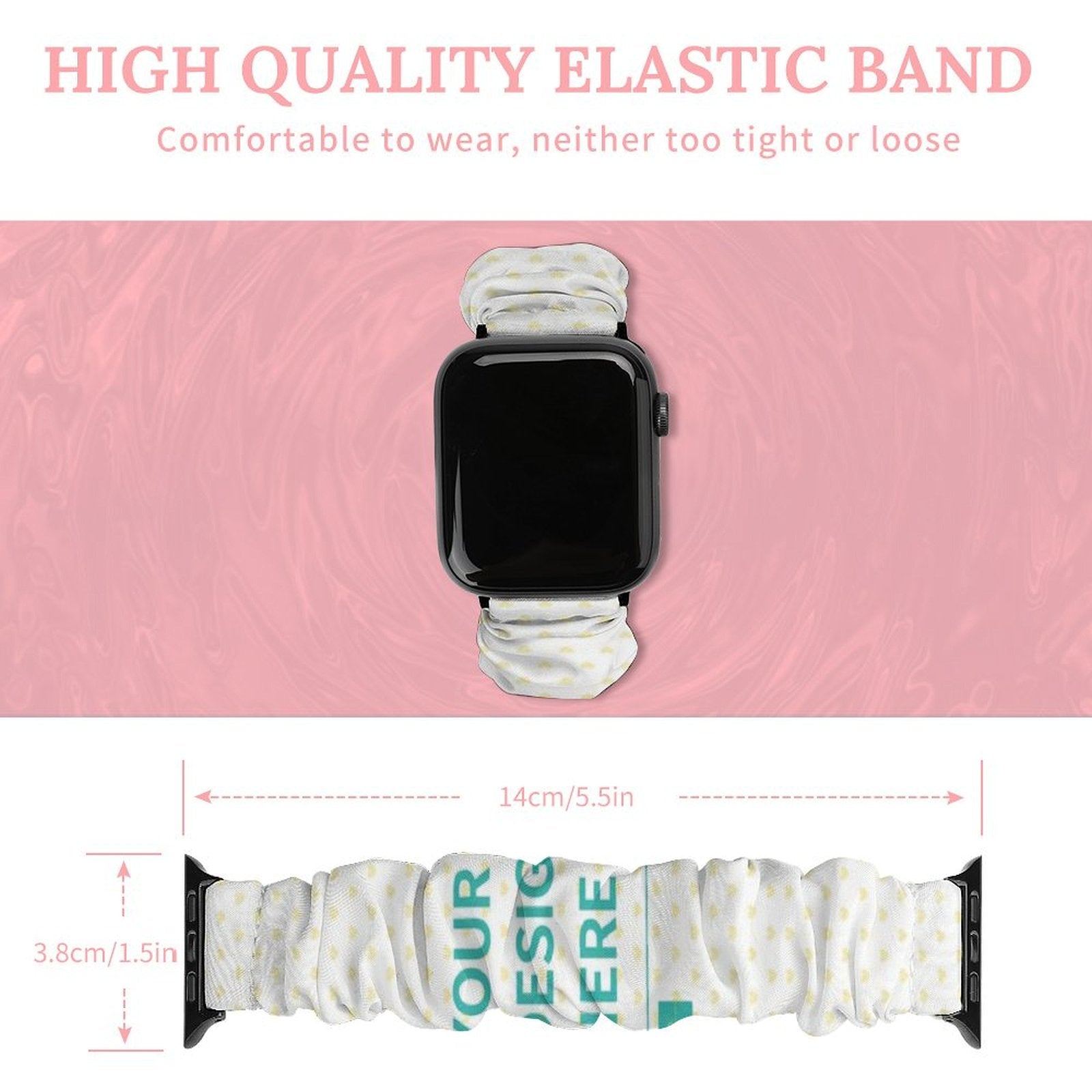 Elastic Apple Watch band, white polyester with yellow dots & "YOUR DESIGN HERE" design, comfortable