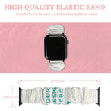 Elastic Apple Watch band, white polyester with yellow dots & "YOUR DESIGN HERE" design, comfortable