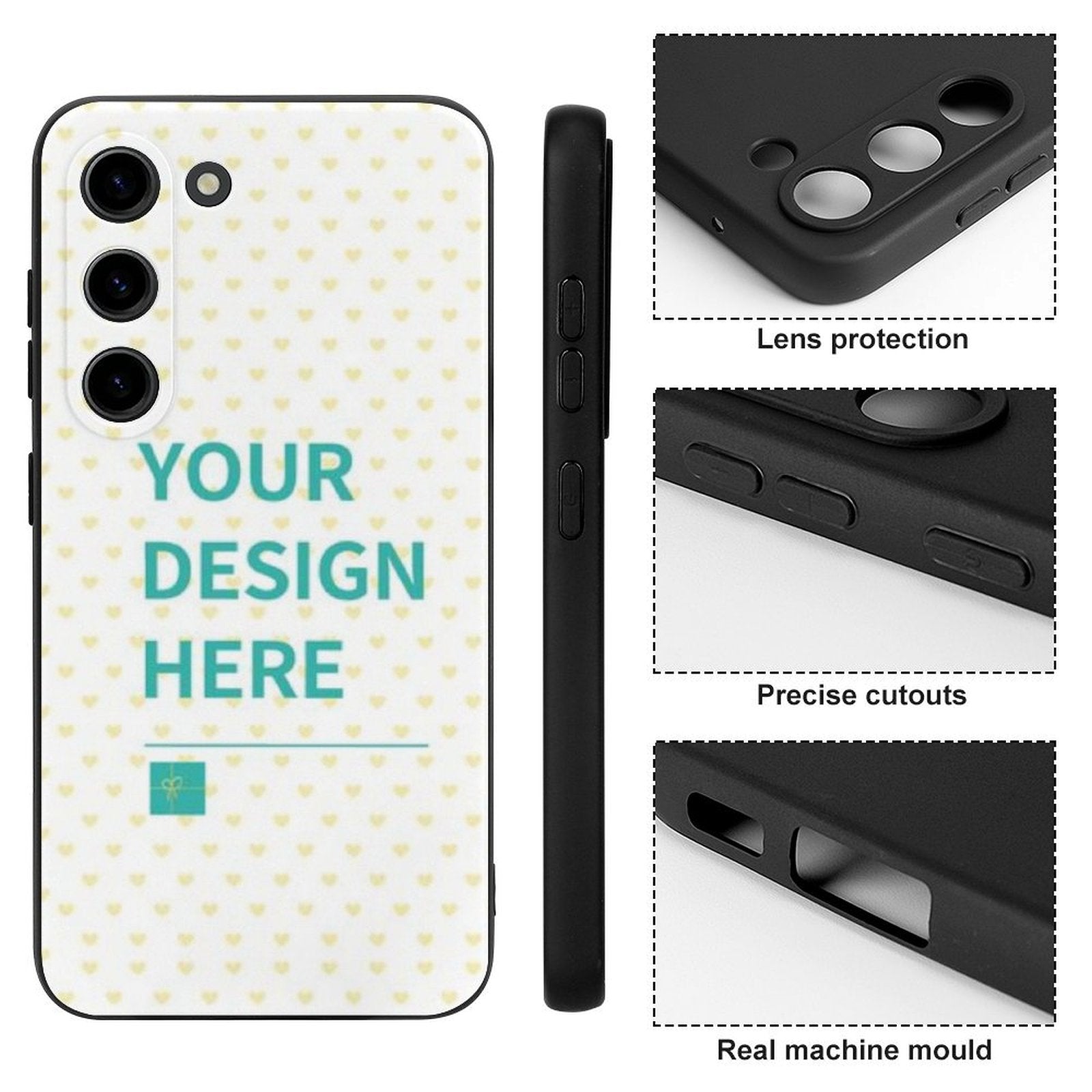 Samsung S23 phone case with personalized design, text "YOUR DESIGN HERE", TPU material, drop protection and precise cutouts.