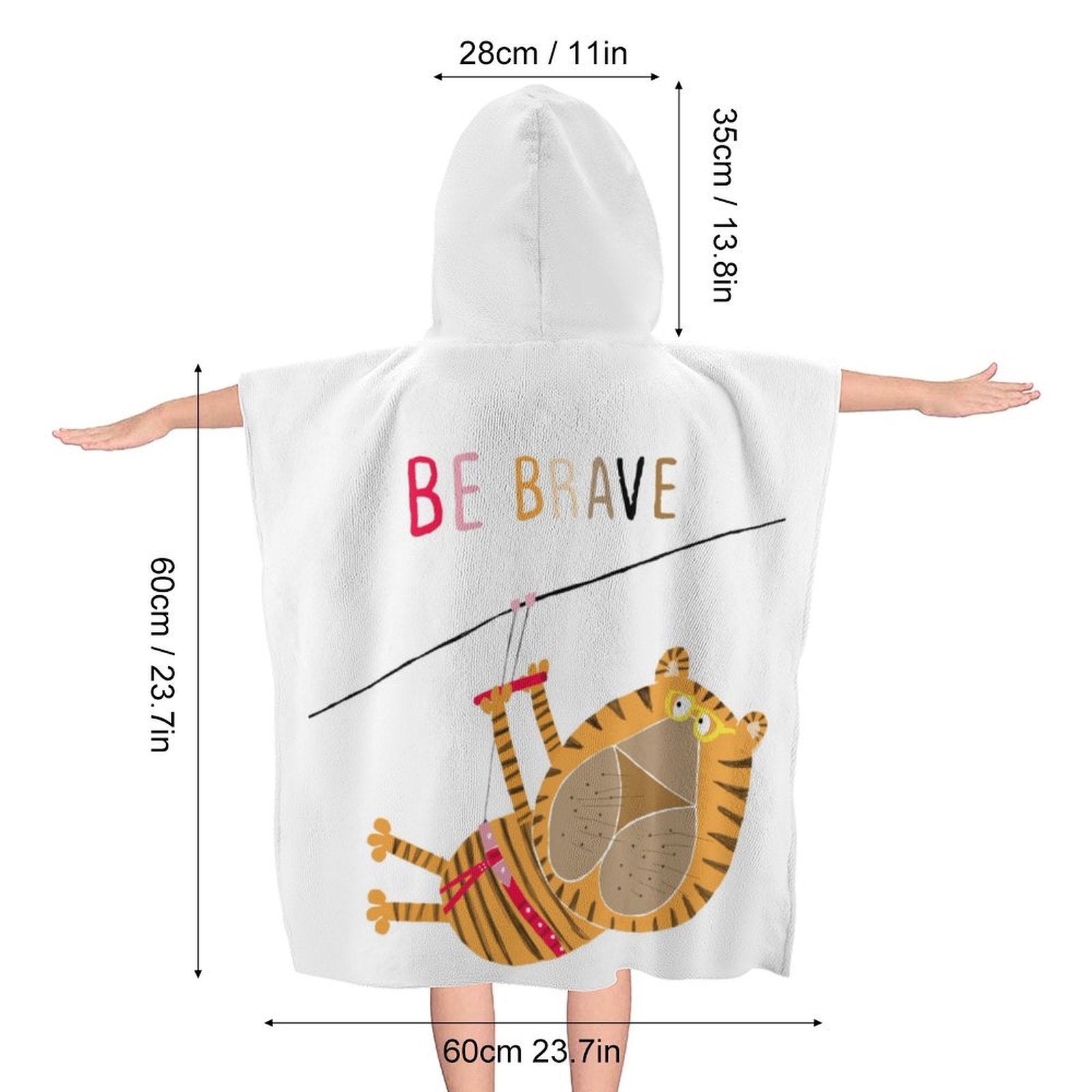 Baby hooded towel with tiger design, "BE BRAVE" text. Bath, beach, pool kids towel.