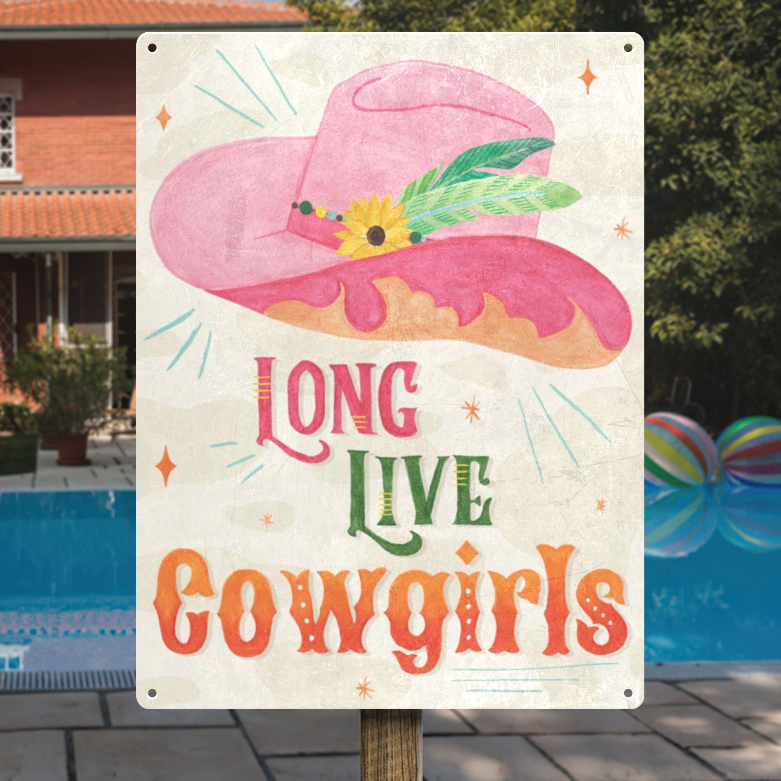 Cowgirl Club III tin sign with pink cowboy hat and "Long Live Cowgirls" text, iron wall decor