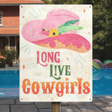 Cowgirl Club III tin sign with pink cowboy hat and "Long Live Cowgirls" text, iron wall decor