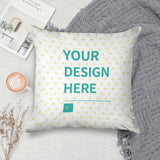 Custom golden velvet throw pillow case with 'YOUR DESIGN HERE' and heart pattern design, perfect for living room decor
