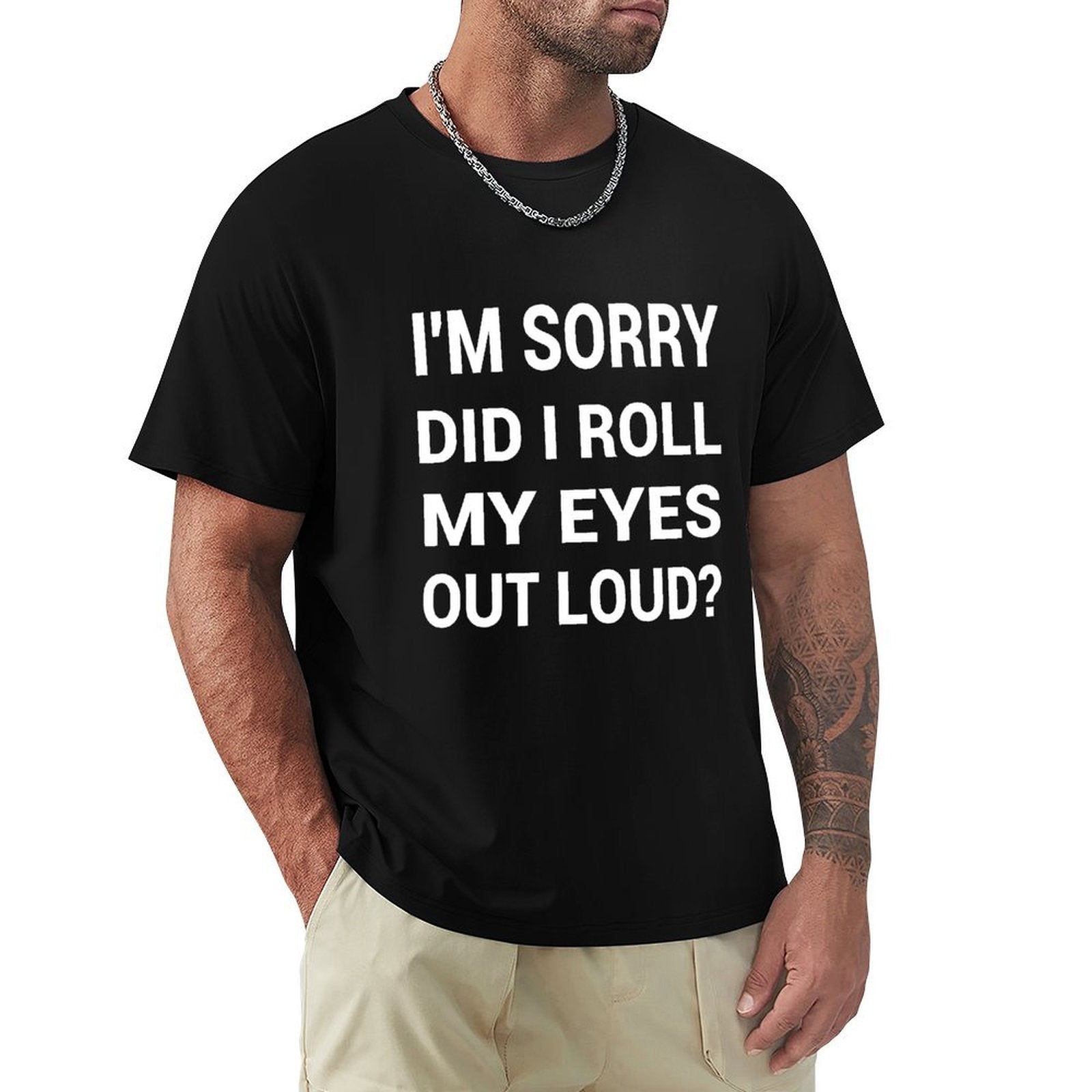 Men's black short sleeve crew neck t-shirt with humorous text print, available in sizes S-6XL.