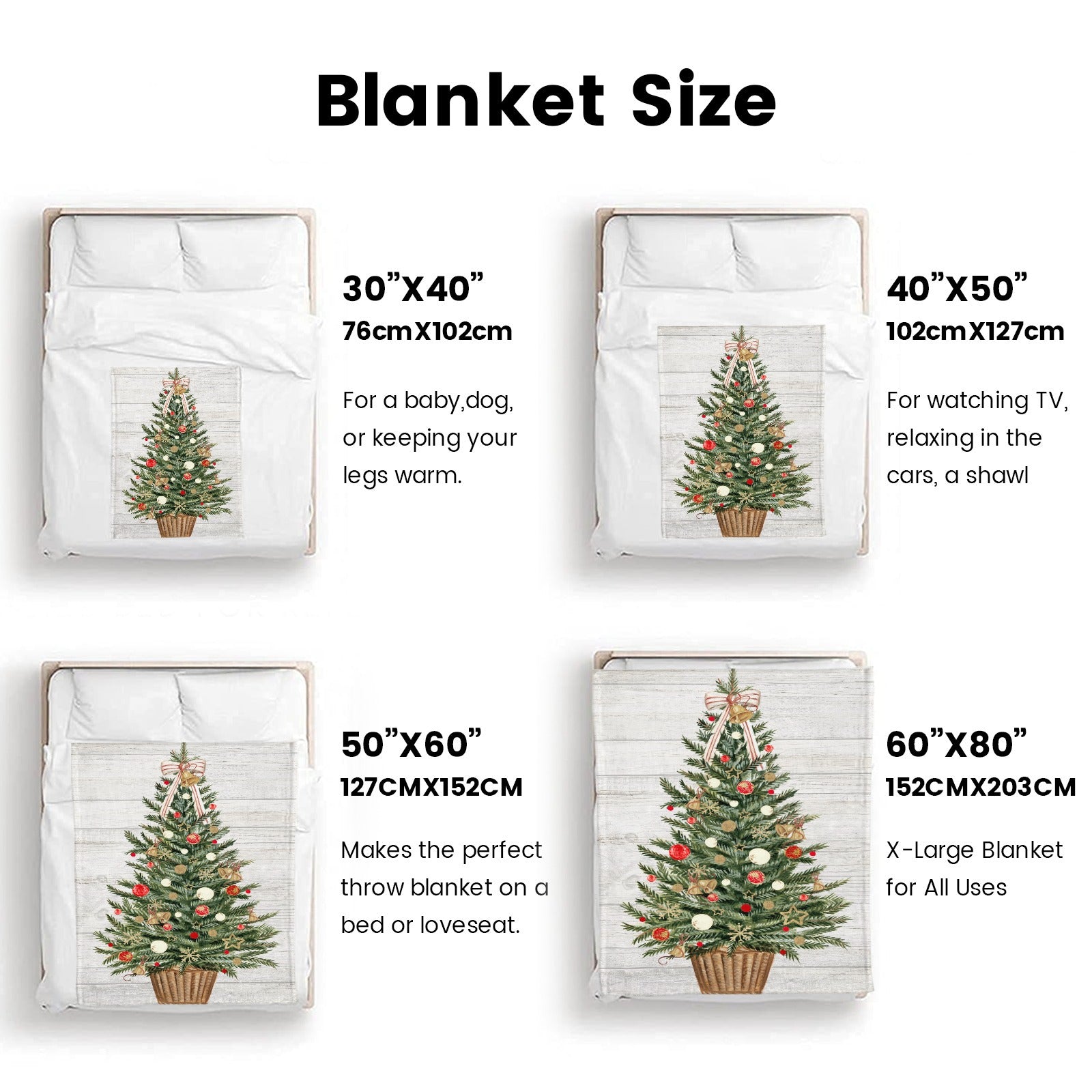 Christmas tree flannel blanket size guide, showing sizes and uses. Winter holiday decor for sofa or bed.