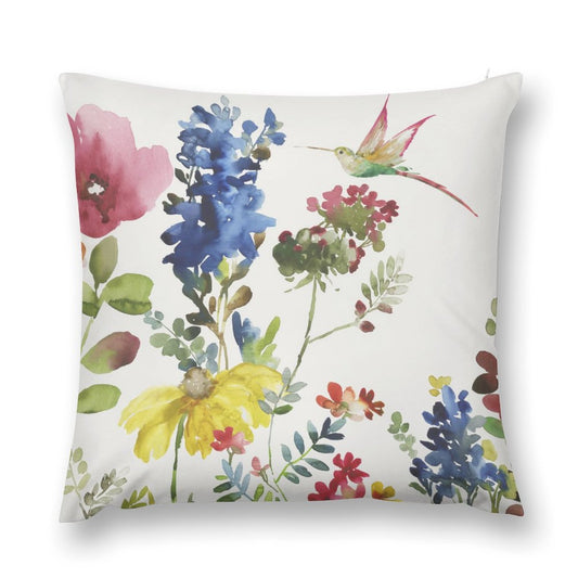 Soft plush pillow cover with floral and hummingbird watercolor design, perfect for sofas and living room decor