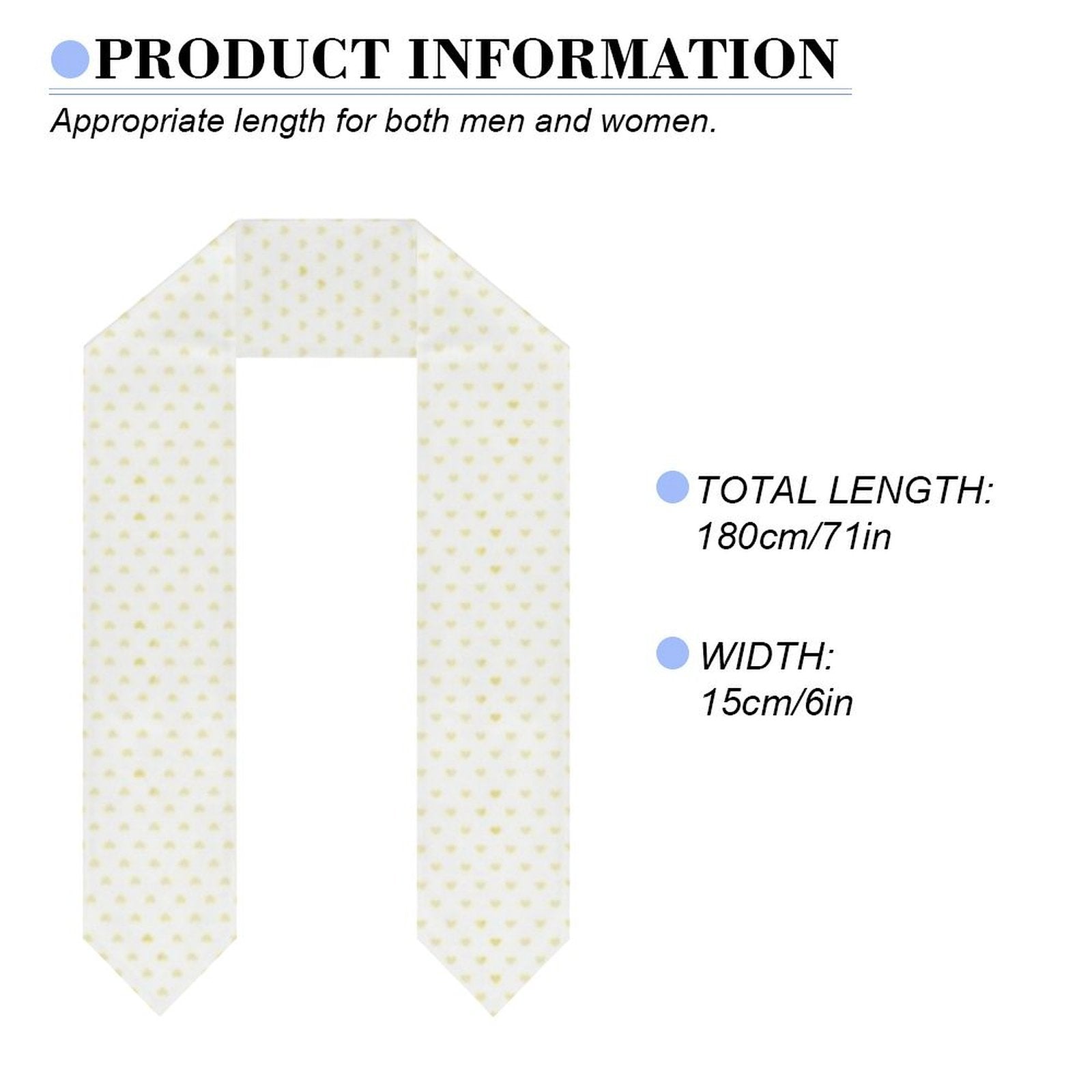 White graduation stole with yellow heart pattern. Custom graduation gift with dimensions: 180cm/71in length, 15cm/6in width.