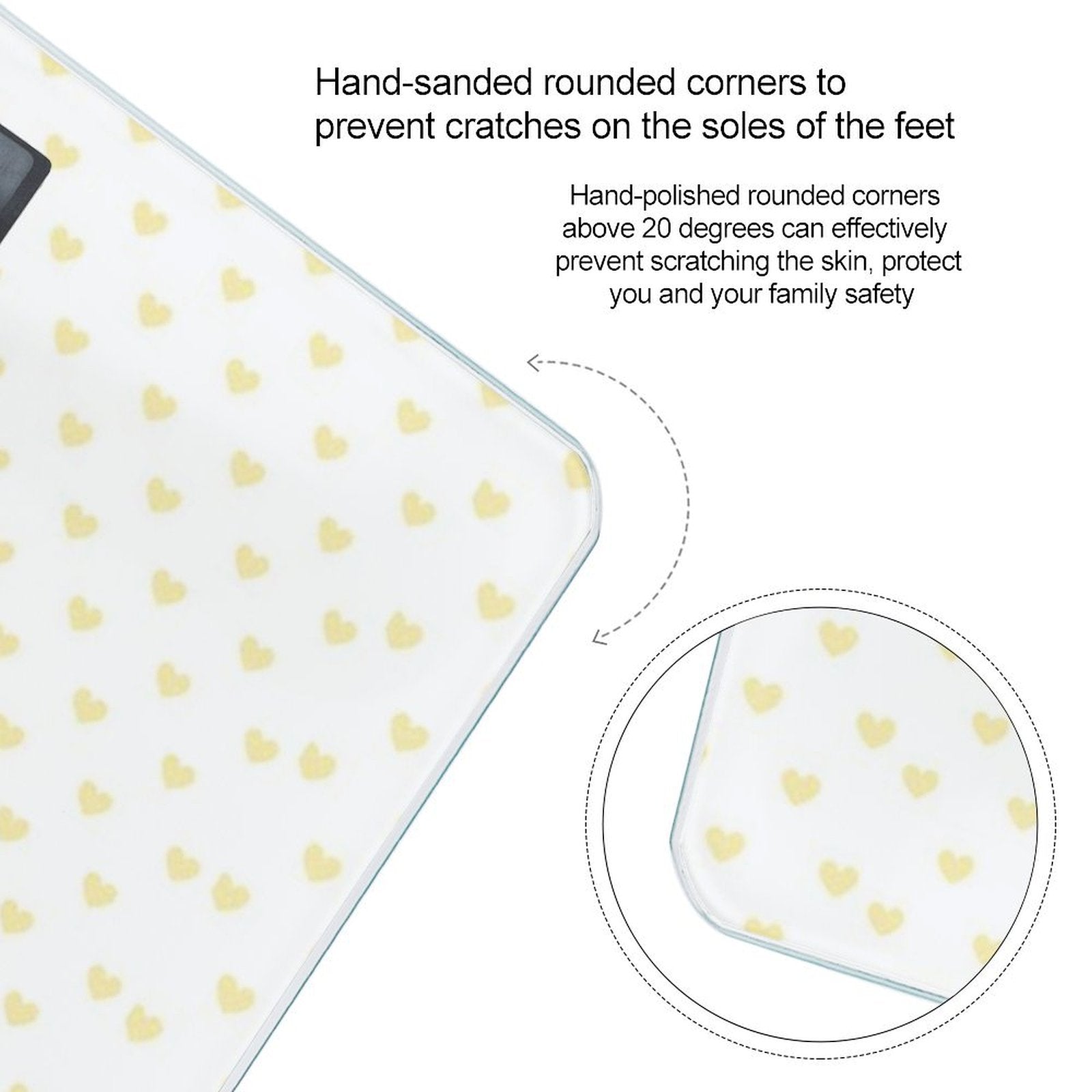 Digital bathroom scale with heart pattern, tempered glass, and rounded corners for safety
