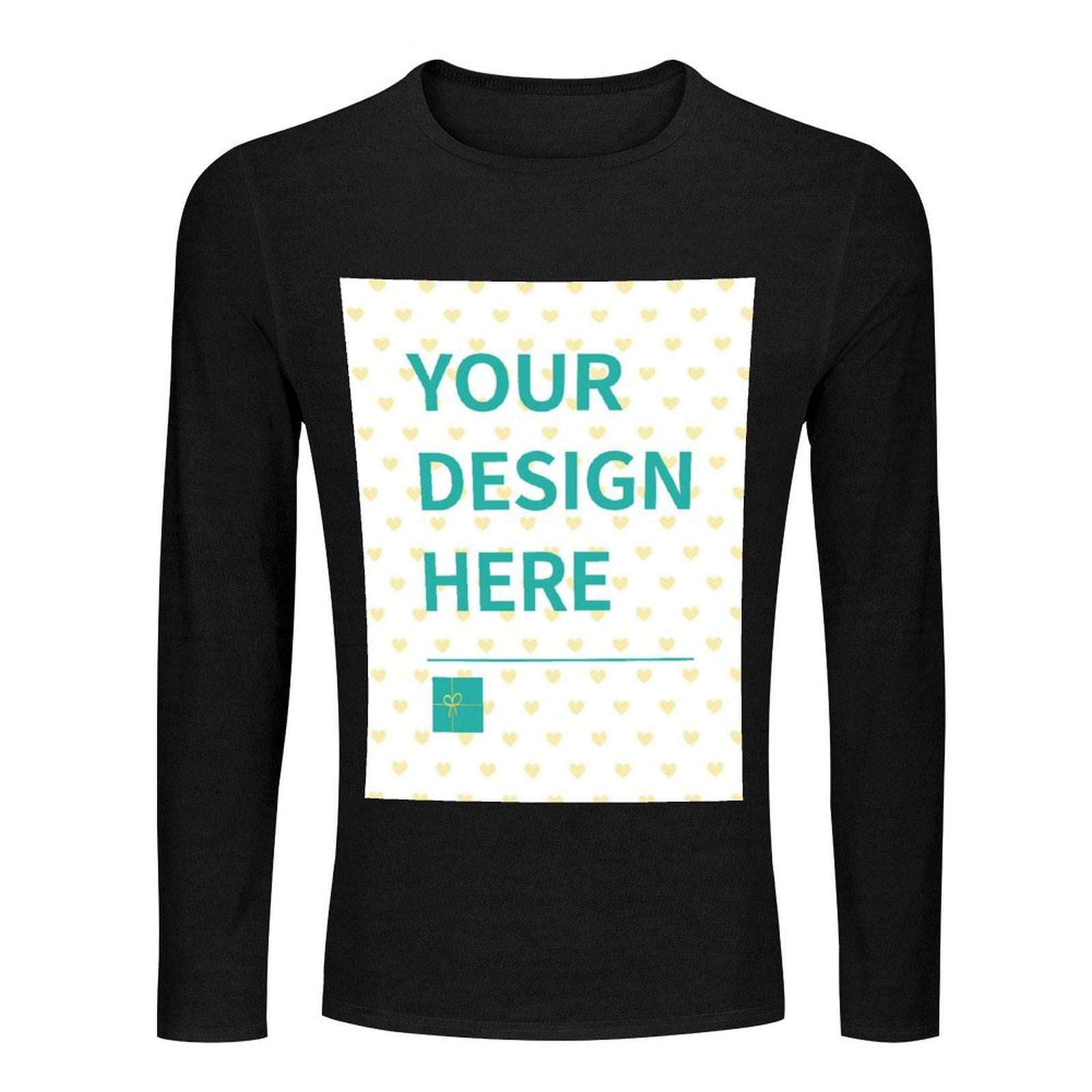 Black long sleeve custom t-shirt with "YOUR DESIGN HERE" design, perfect for personalized gifts at MyArtsyGift.com
