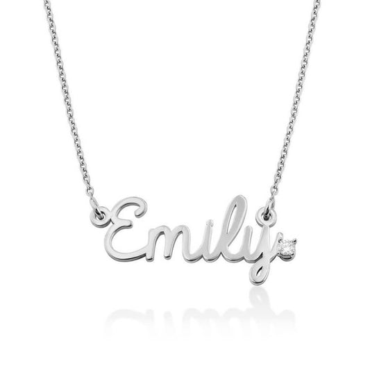 Silver 'Emily' necklace. Custom nameplate pendant with diamond detail. Personalized jewelry gift.