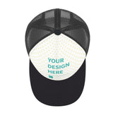 Customizable trucker hat with "YOUR DESIGN HERE" text, featuring a black bill and mesh back for men and women.
