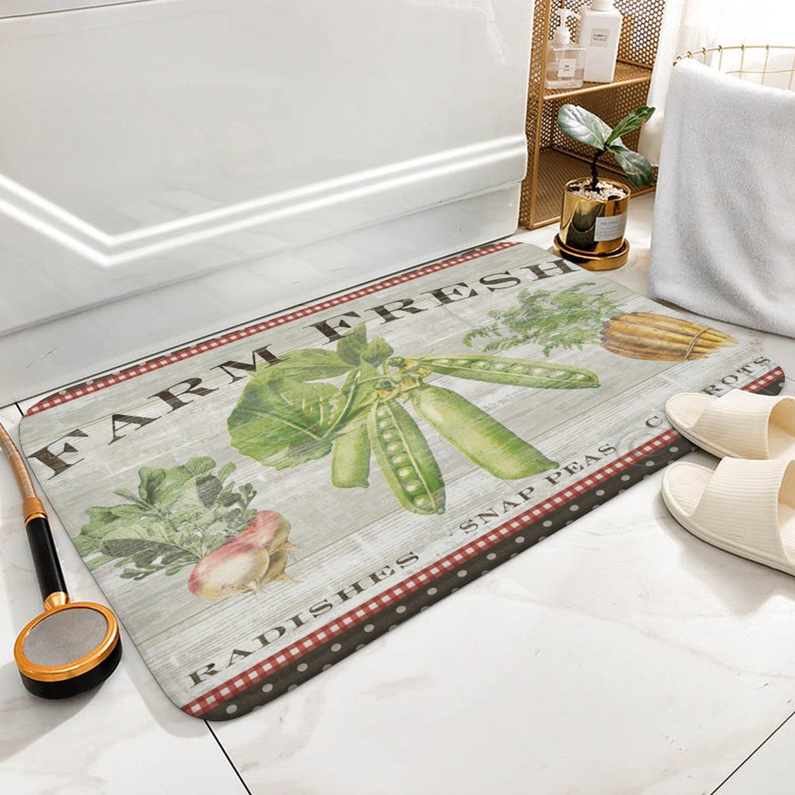 Coral velvet bath rug with farm-fresh radishes, snap peas, and carrots design, perfect for bathroom or kitchen decor