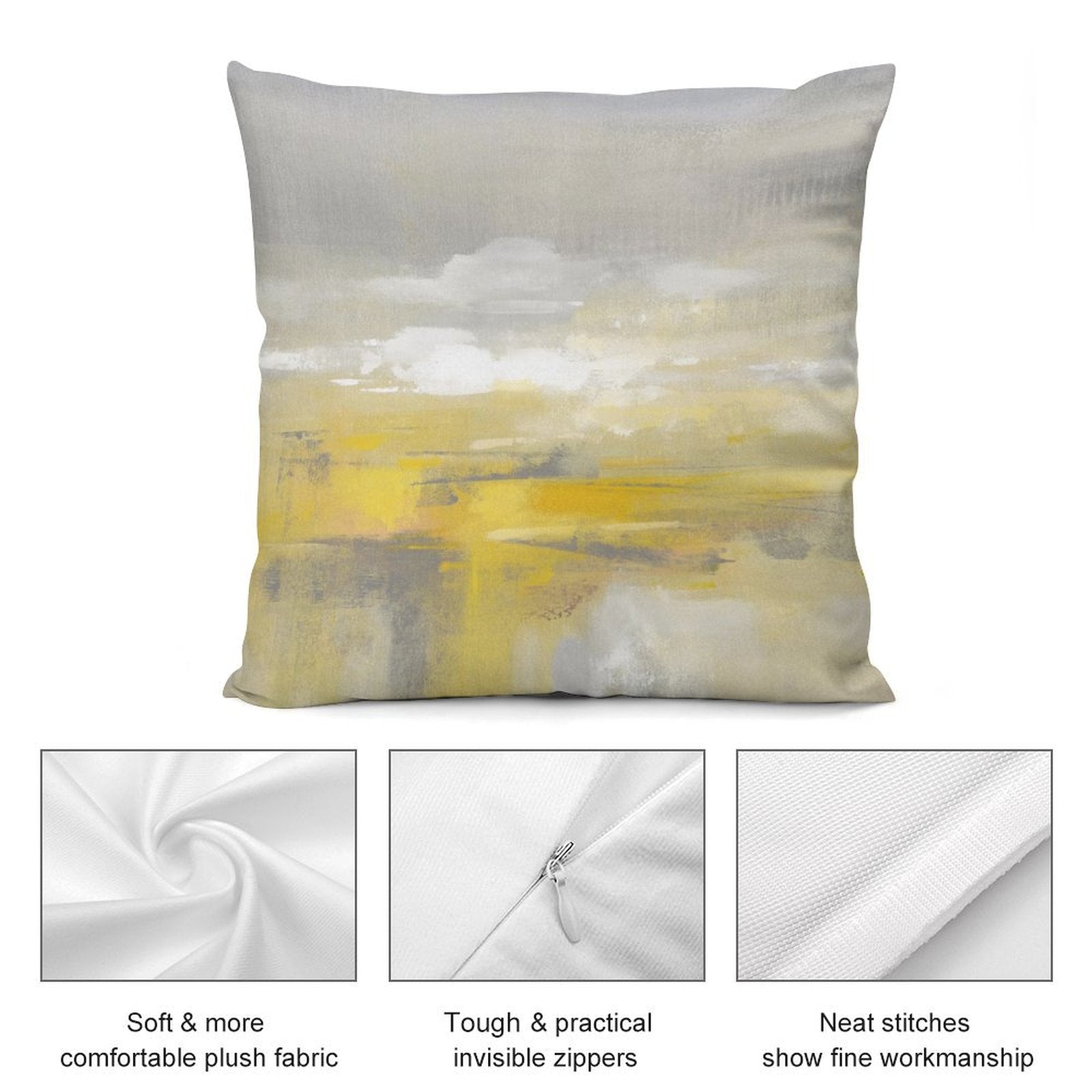 Abstract art plush pillow cover in yellow and gray tones for sofa with soft, comfortable fabric and invisible zipper