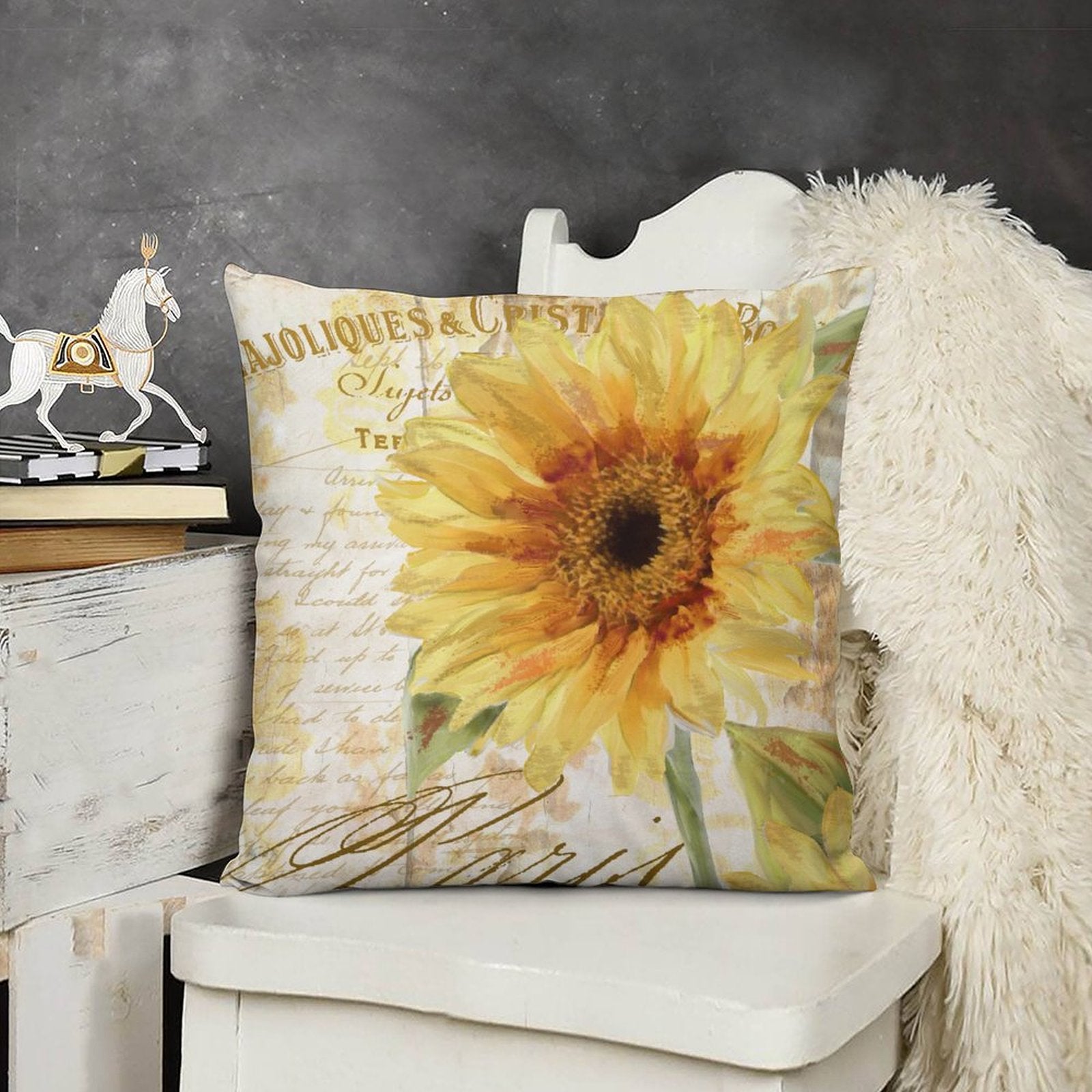 Sunflower pillow cover for sofa, plush material, vintage floral design, MyArtsyGift home decor