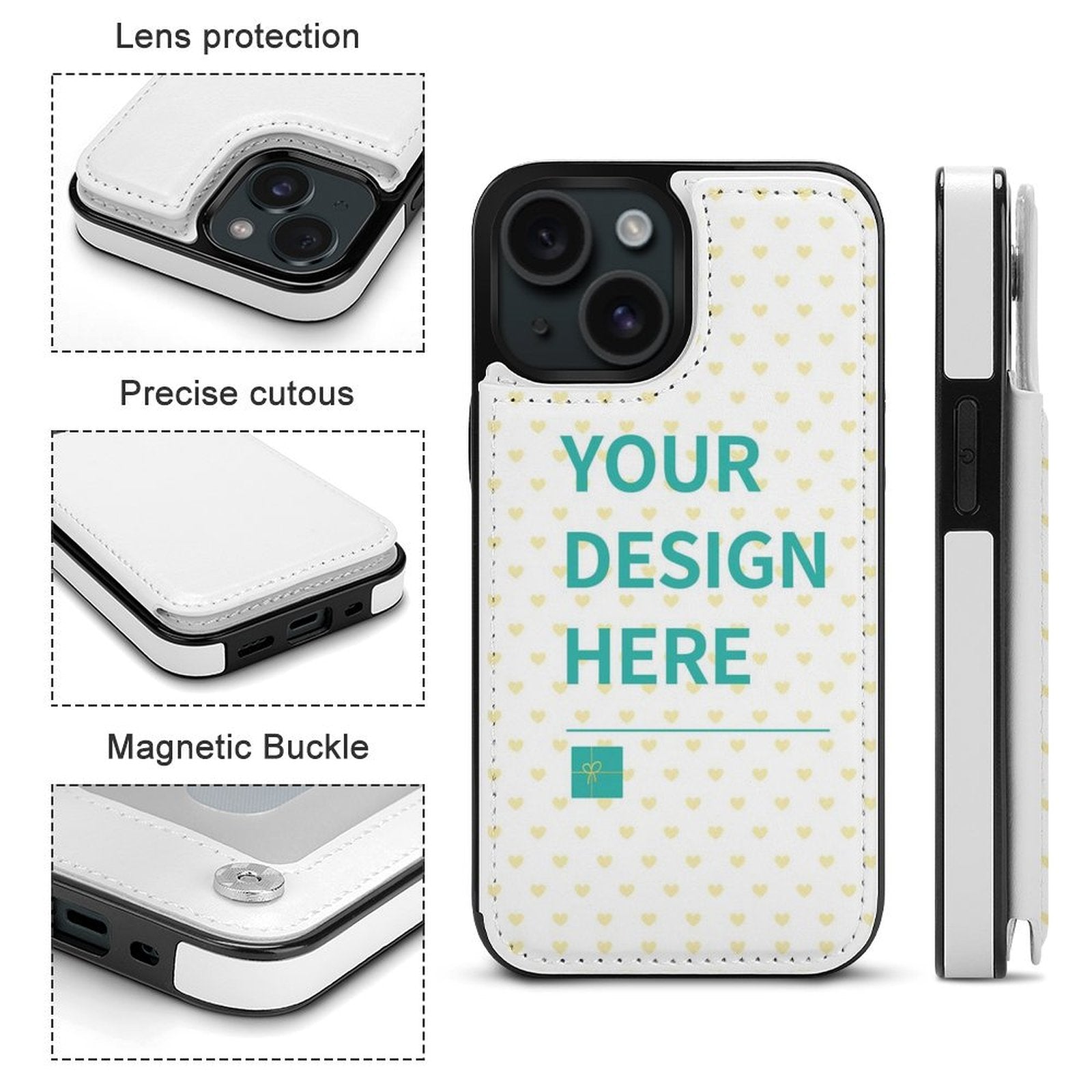 Personalized iPhone 15 case in white PU leather with custom design, card slots, and magnetic closure.